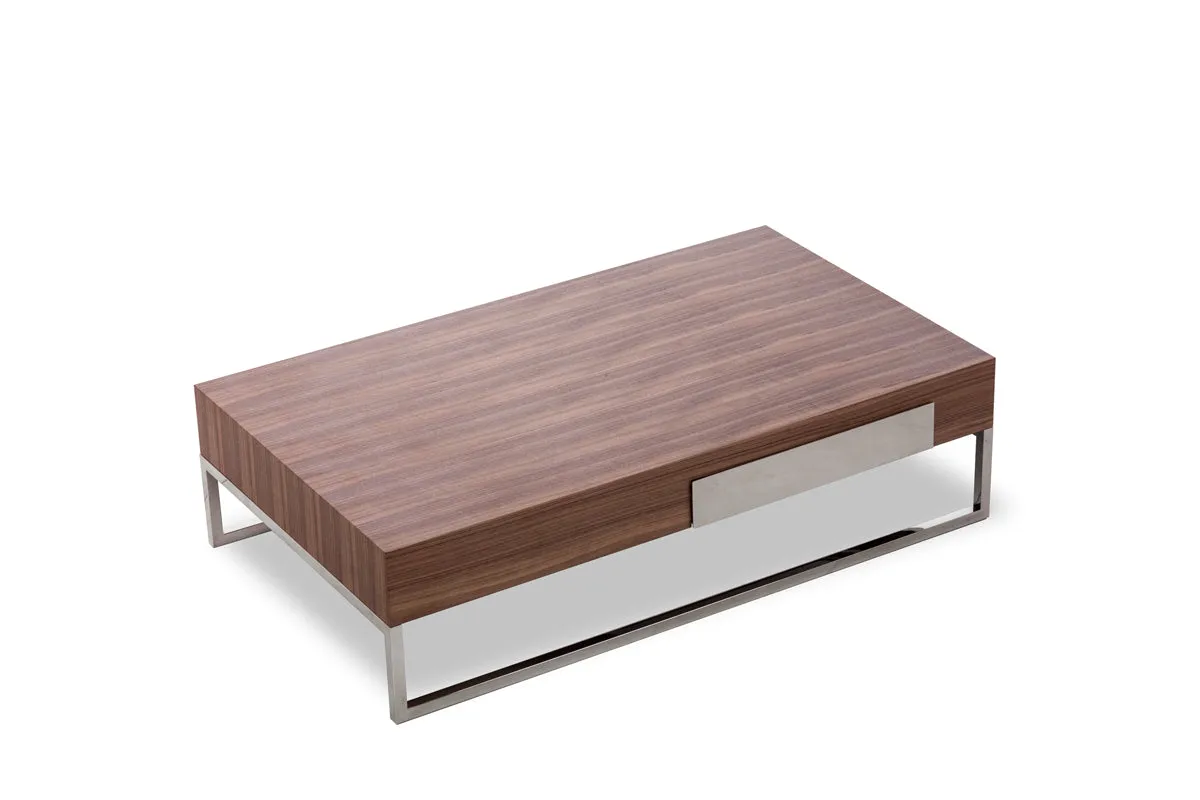 13" Walnut Veneer  Steel  And Glass Coffee Table