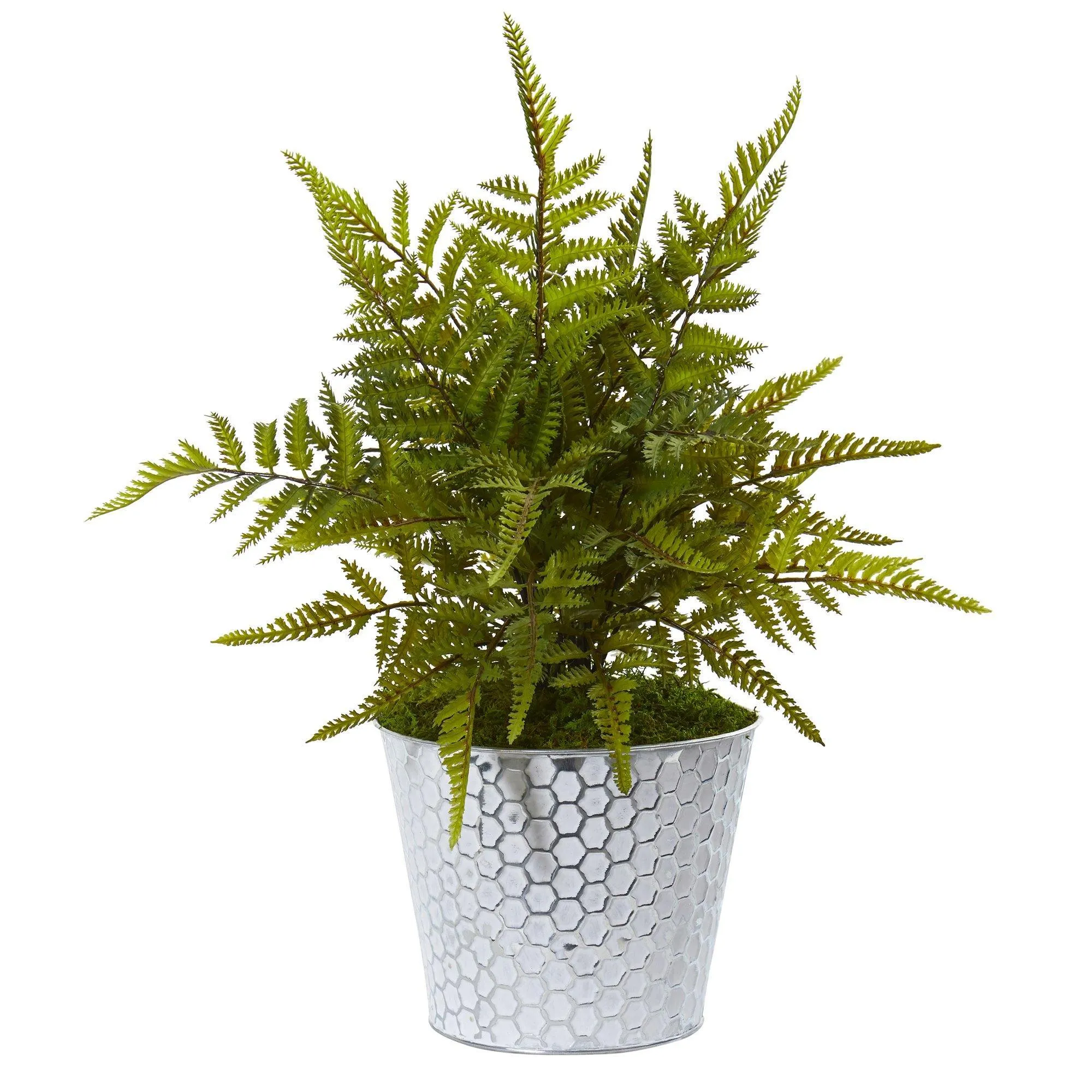 14” Fern Artificial Plant in Embossed White Tin Planter