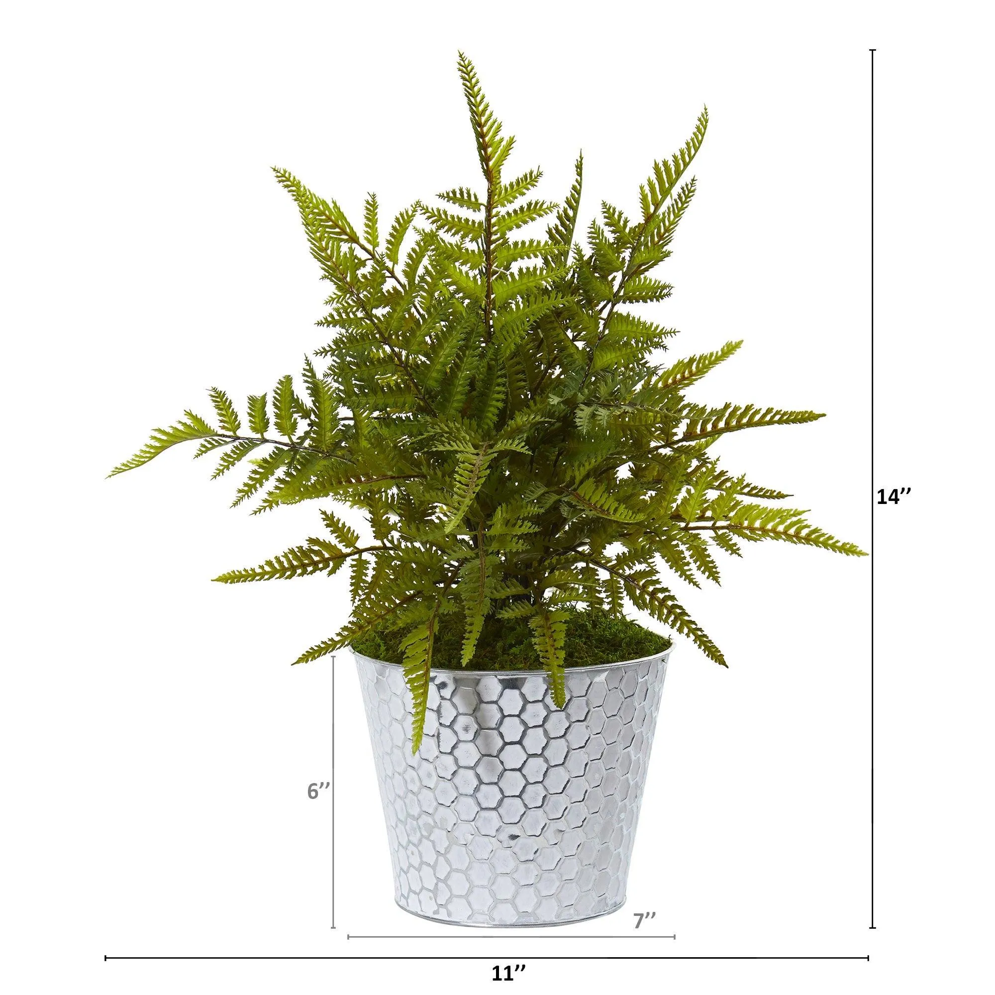 14” Fern Artificial Plant in Embossed White Tin Planter