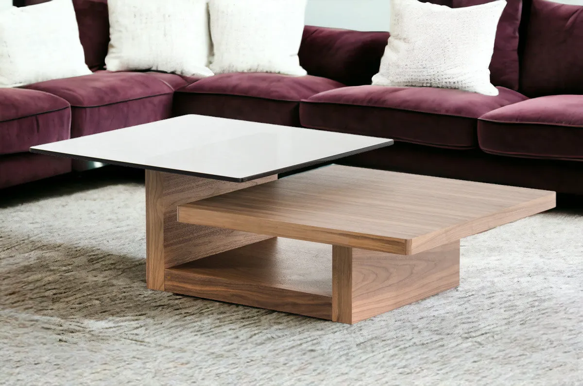 14" Walnut Veneer And Smoked Glass Coffee Table