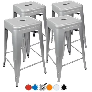 24&rdquo; Counter Height Bar Stools! (SILVER) by UrbanMod, [Set Of 4] Stackable, Indoor/Outdoor, Kitchen Bar Stools,! 330LB Limit, Metal Bar Stools! Industrial, Galvanized Steel, Counter Stools!