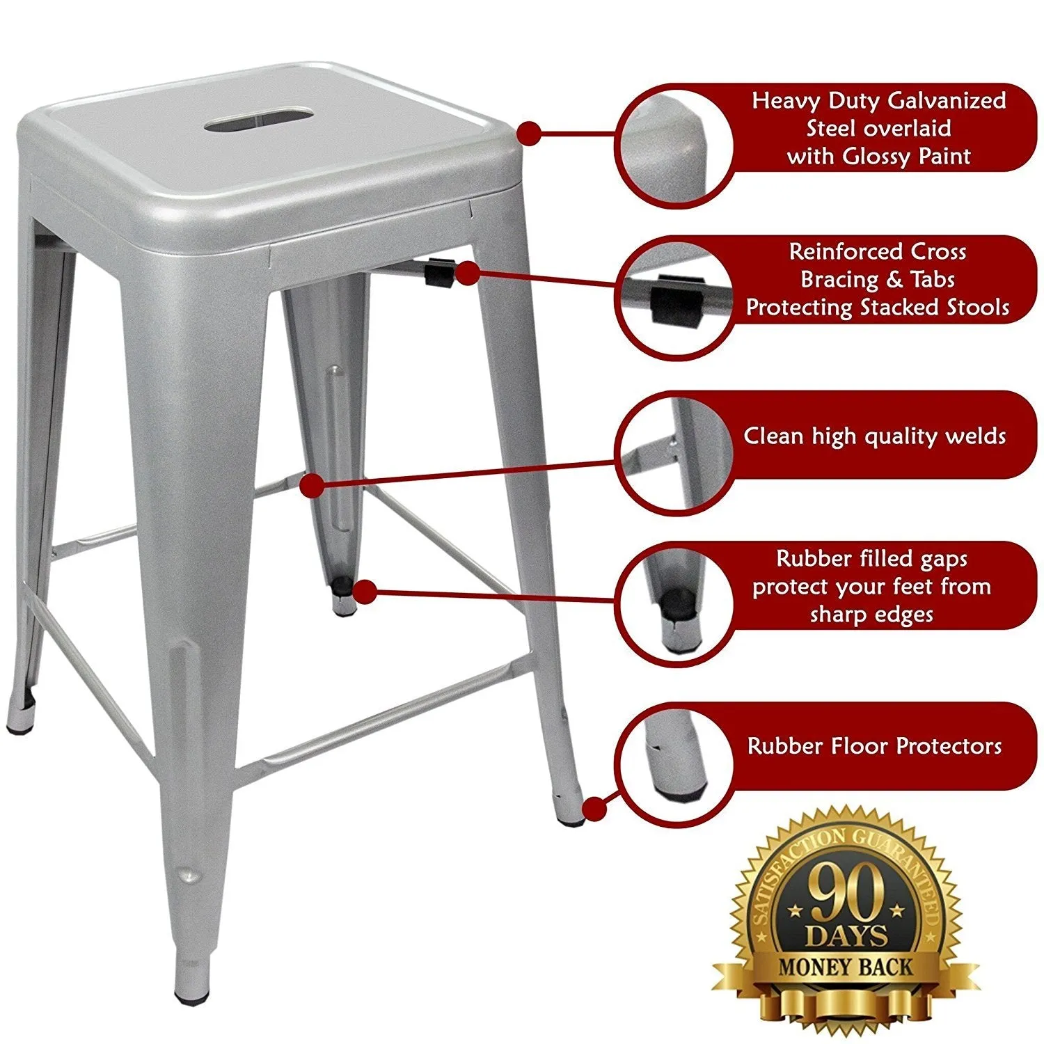 24&rdquo; Counter Height Bar Stools! (SILVER) by UrbanMod, [Set Of 4] Stackable, Indoor/Outdoor, Kitchen Bar Stools,! 330LB Limit, Metal Bar Stools! Industrial, Galvanized Steel, Counter Stools!