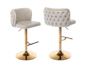 2x Faux Leather Golden Base Swivel Bar Stools- Beige