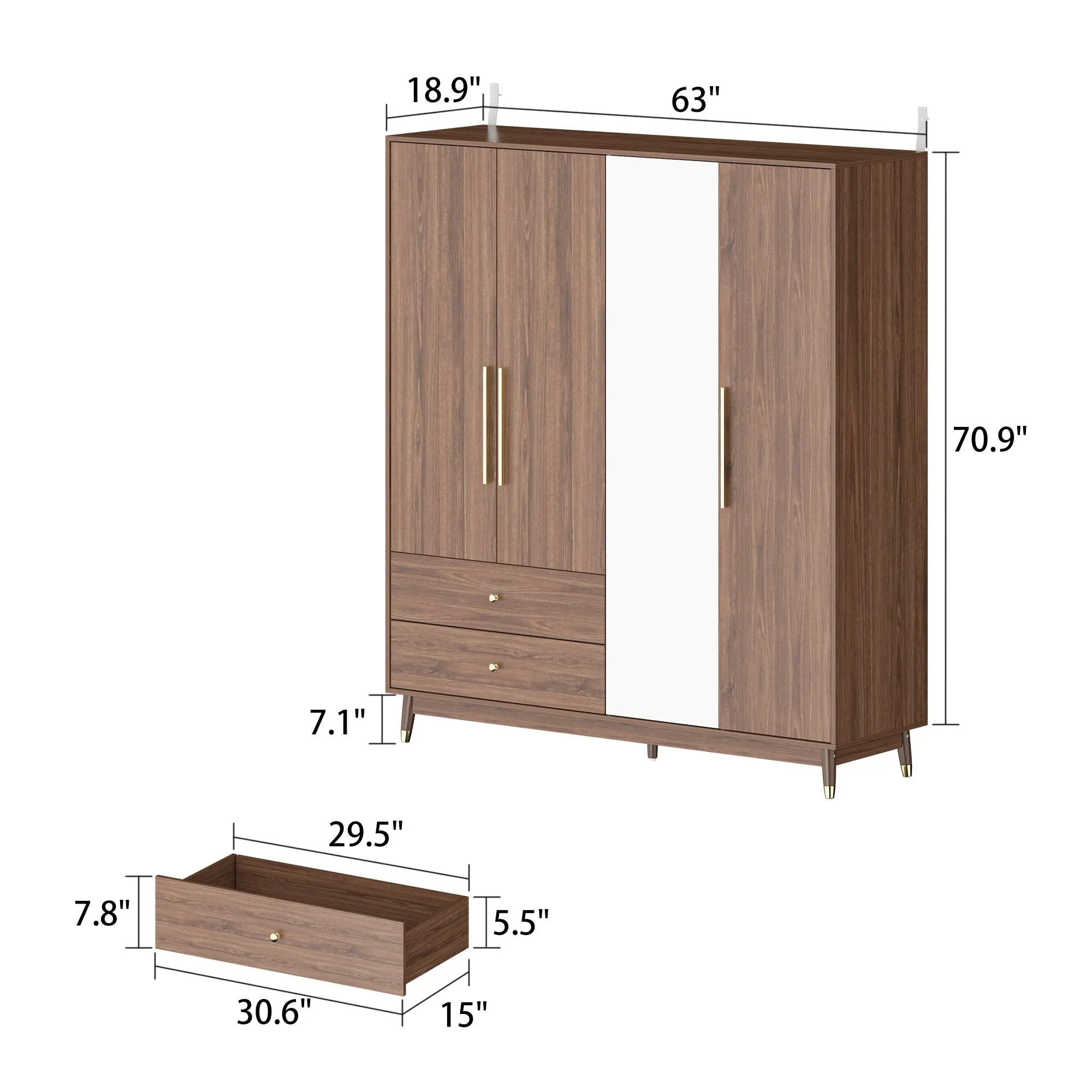 4-Door Wardrobe Armoire Large Storage Cabinet with Mirror Hanging Rods