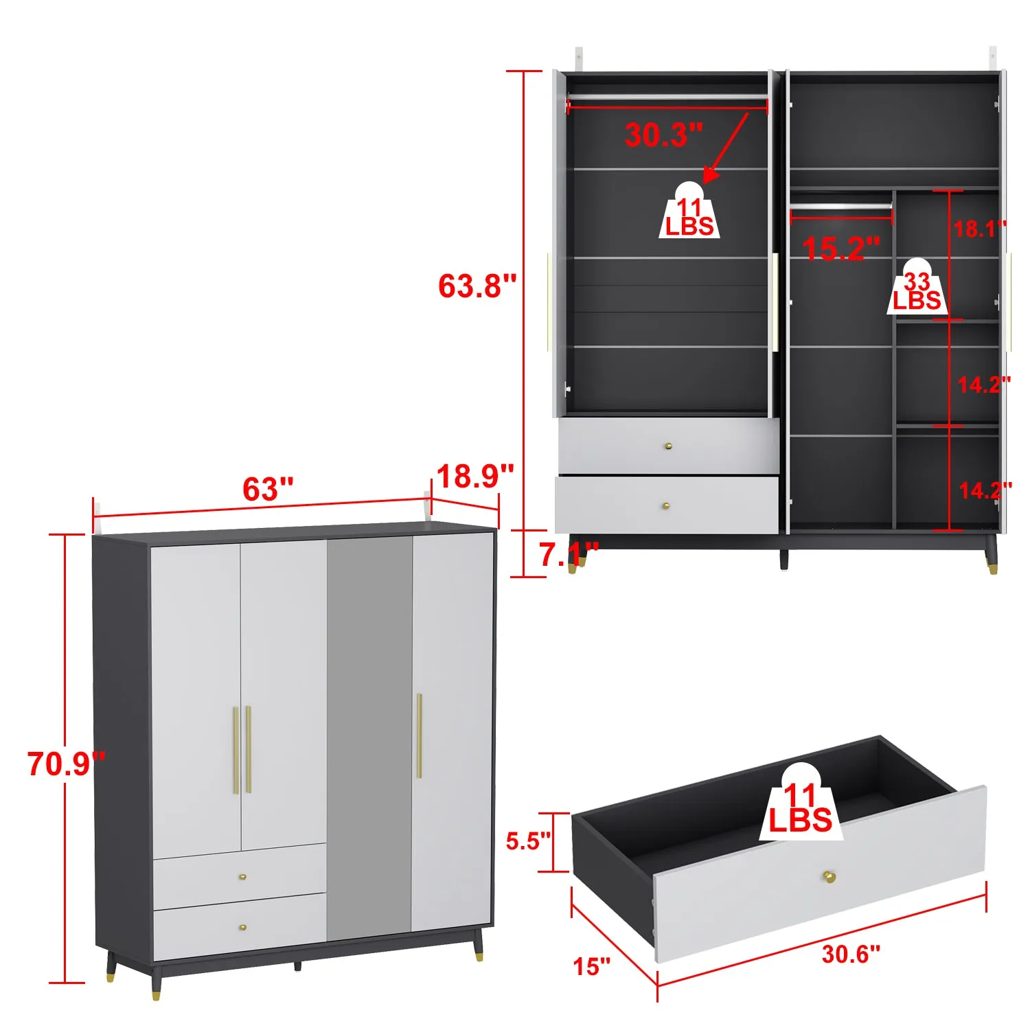 4-Door Wardrobe Armoire Large Storage Cabinet with Mirror Hanging Rods