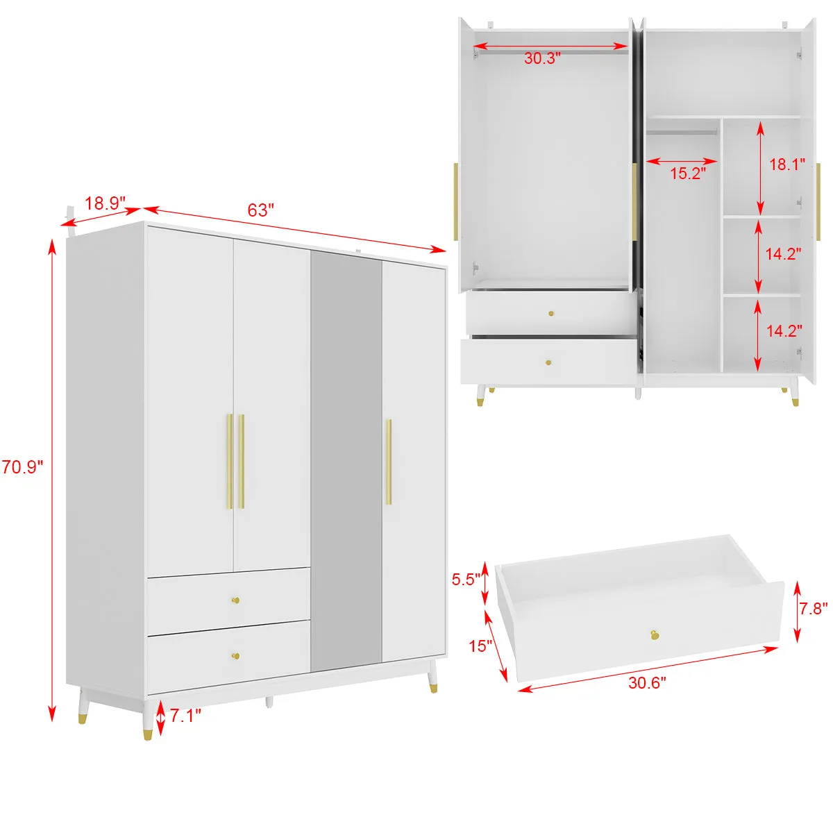 4-Door Wardrobe Armoire Large Storage Cabinet with Mirror Hanging Rods