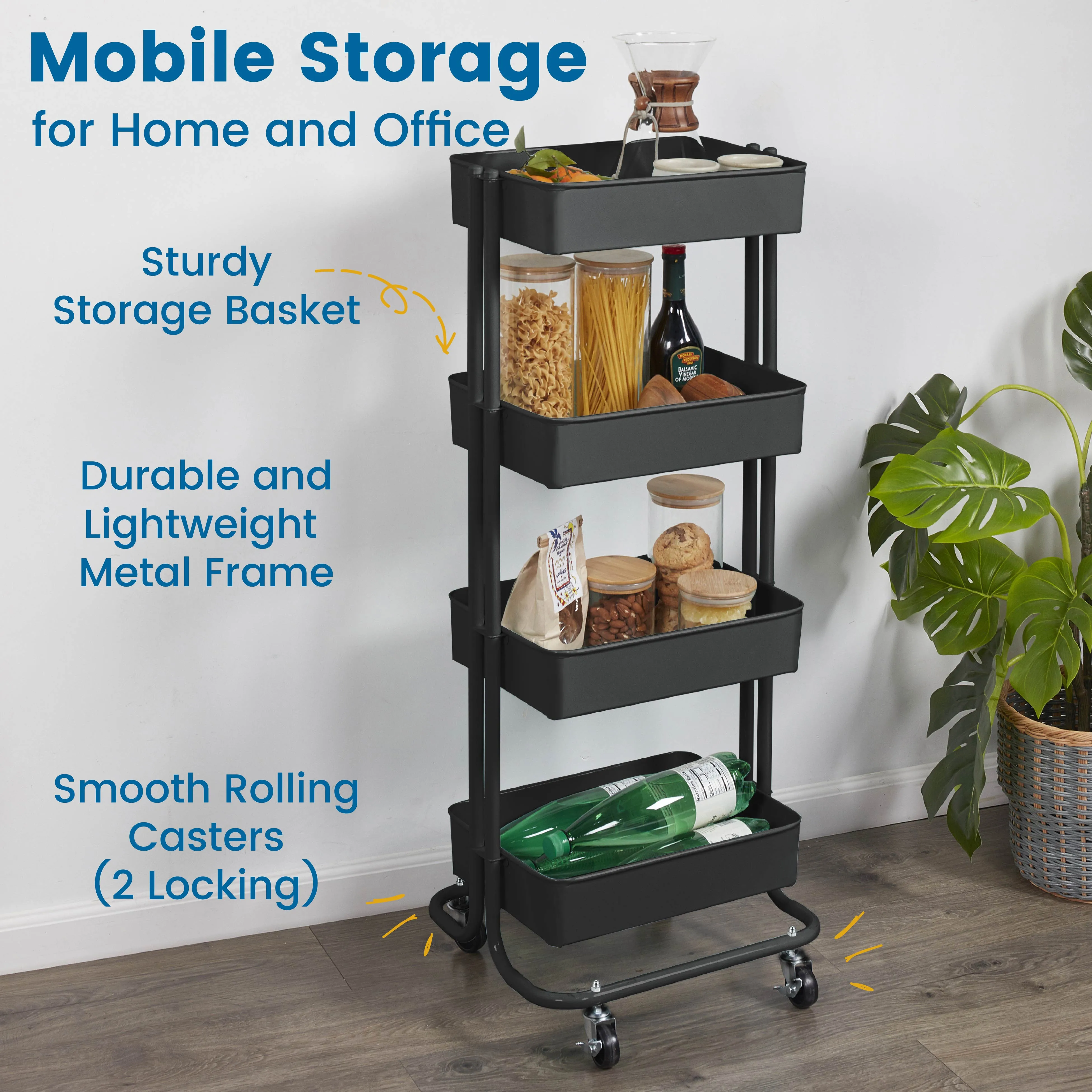 4-Tier Metal Rolling Utility Cart, Mobile Storage Organizer