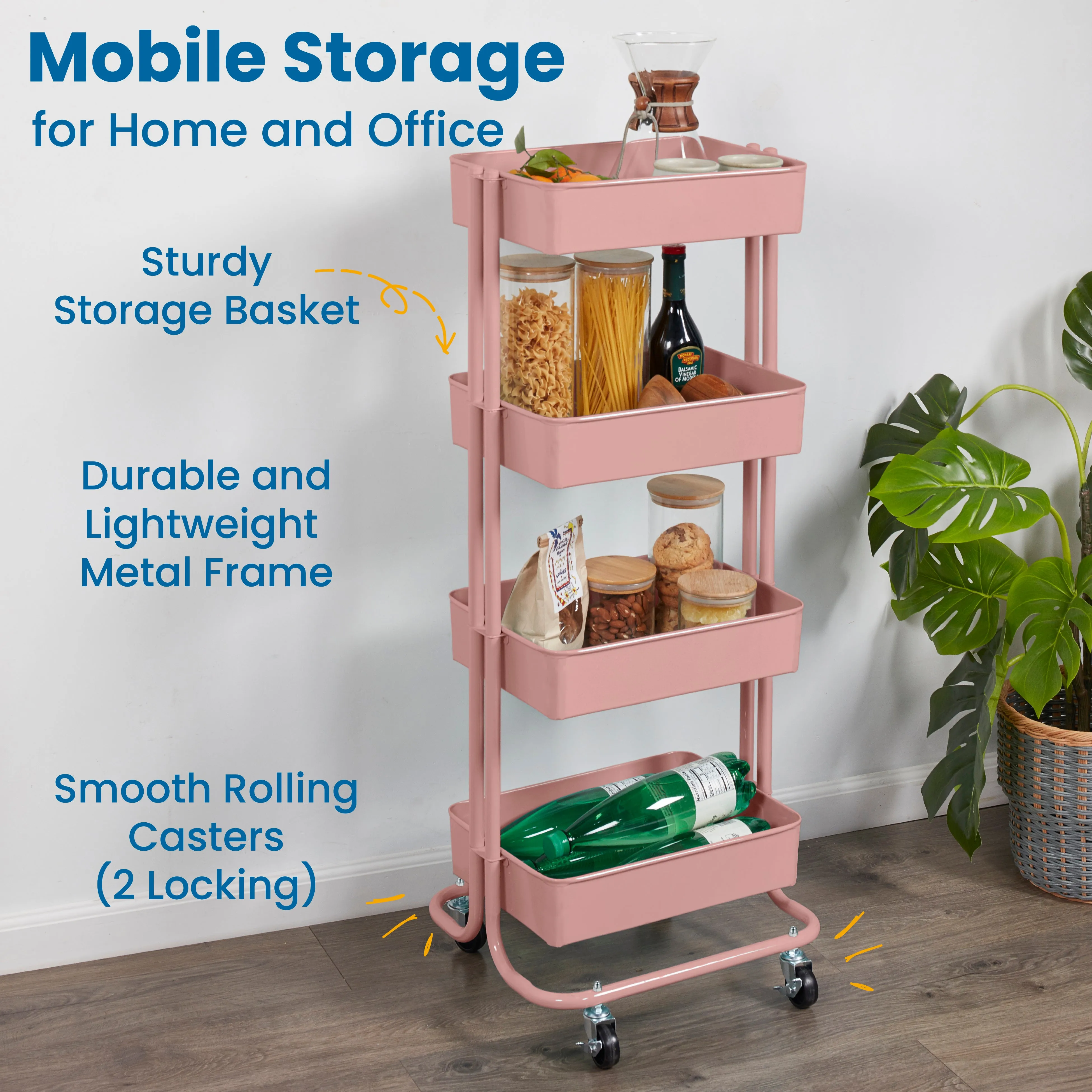 4-Tier Metal Rolling Utility Cart, Mobile Storage Organizer