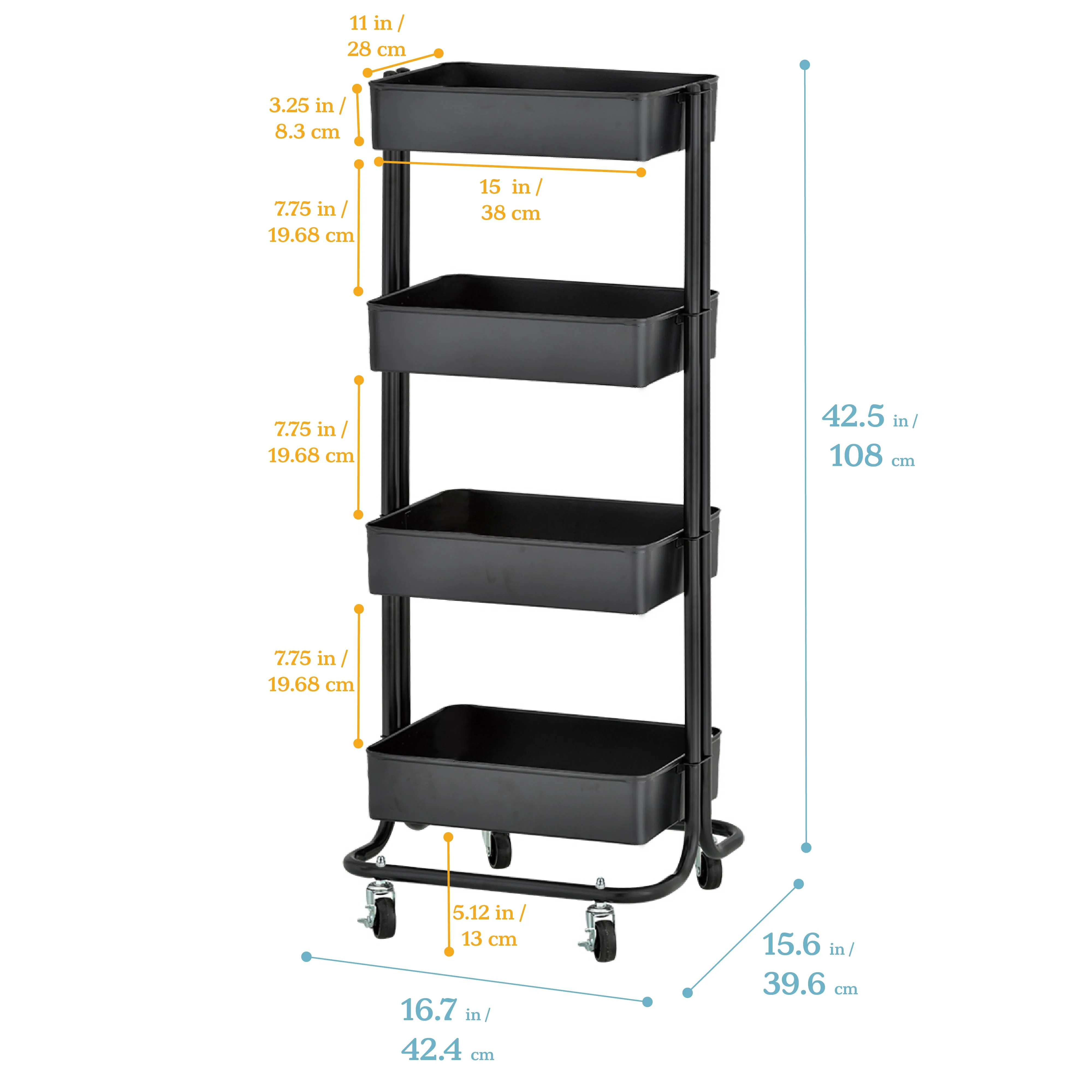 4-Tier Metal Rolling Utility Cart, Mobile Storage Organizer