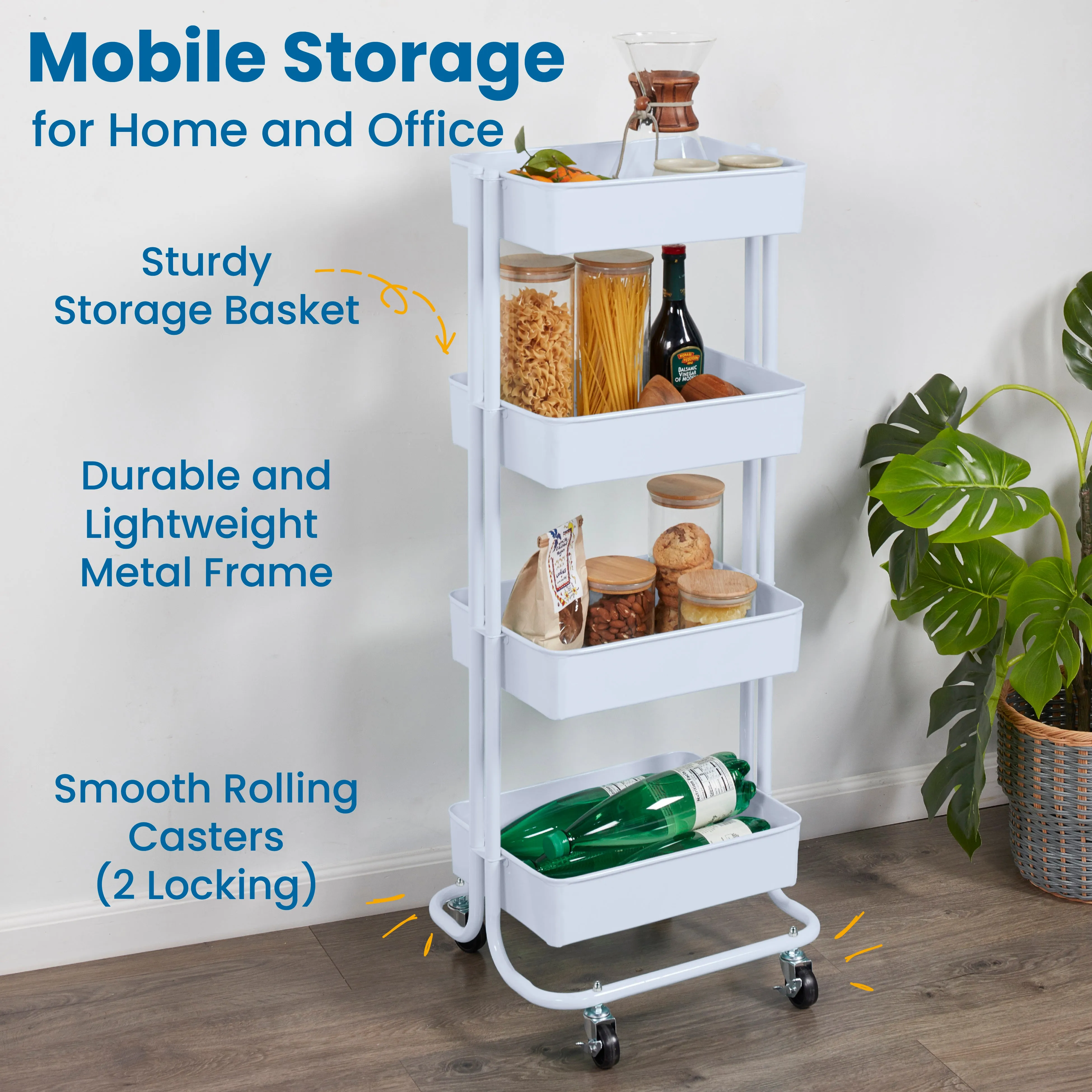 4-Tier Metal Rolling Utility Cart, Mobile Storage Organizer