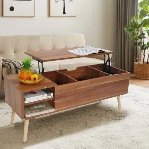 43.3" Lift Top Coffee Table with Hidden Compartment and Adjustable Storage Shelf Wood Dinning Table (Brown)