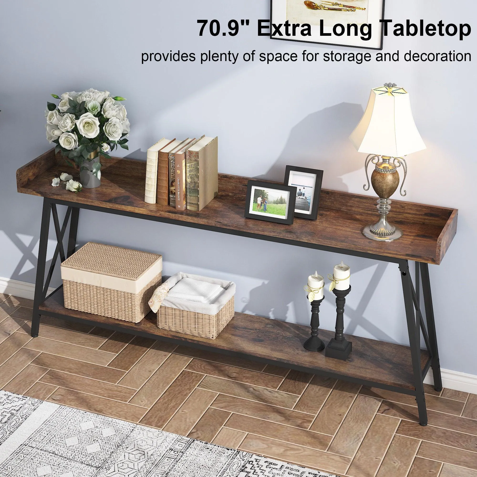 70.87" Rustic Industrial Console Table, Brown and Black, for Living Room or Entryway