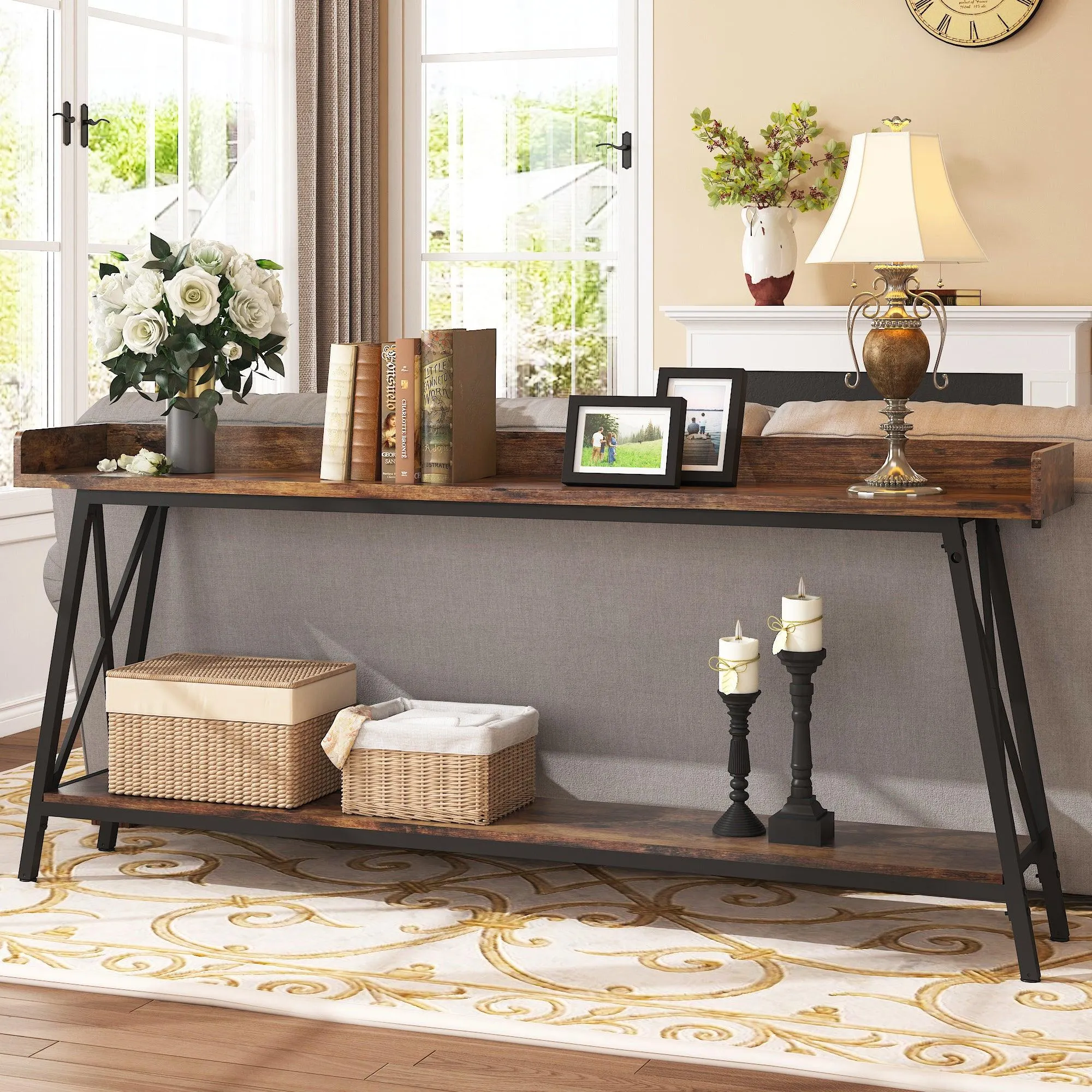 70.87" Rustic Industrial Console Table, Brown and Black, for Living Room or Entryway