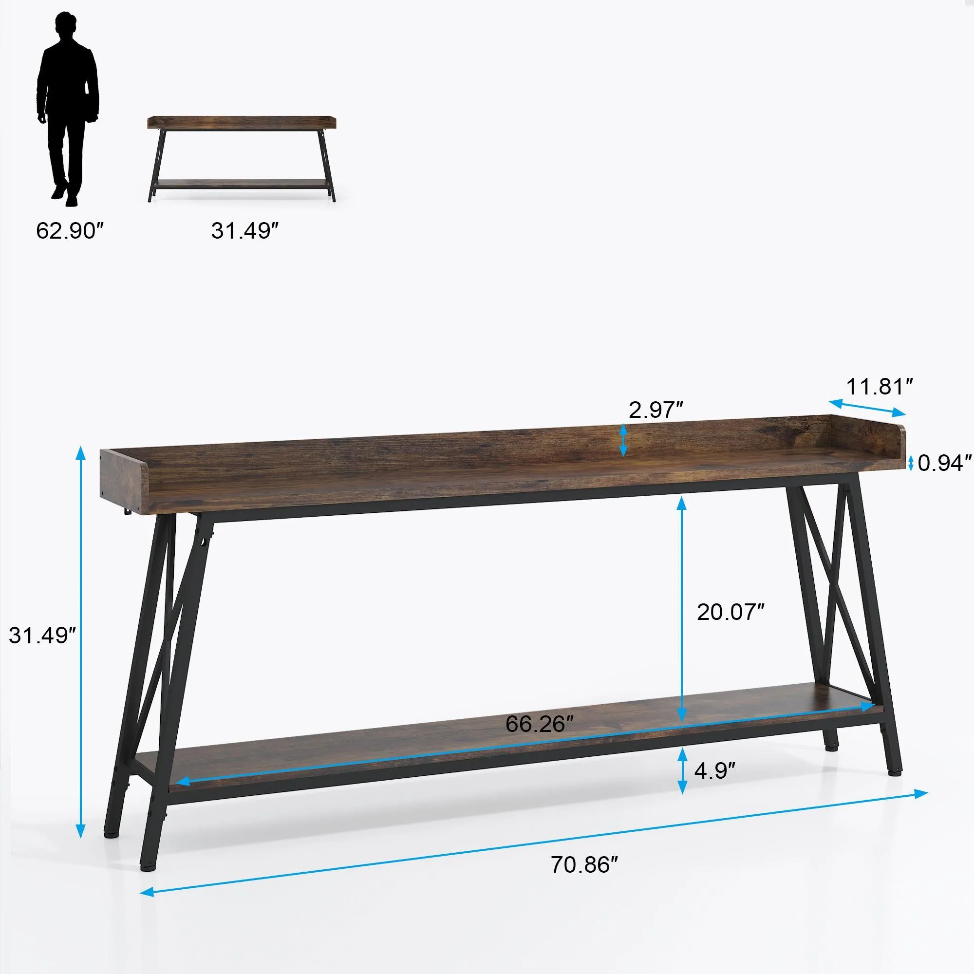 70.87" Rustic Industrial Console Table, Brown and Black, for Living Room or Entryway