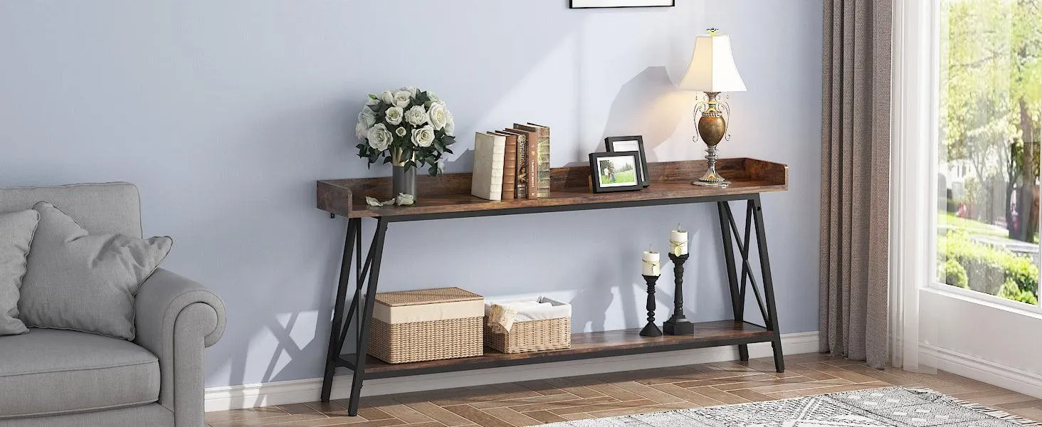 70.87" Rustic Industrial Console Table, Brown and Black, for Living Room or Entryway