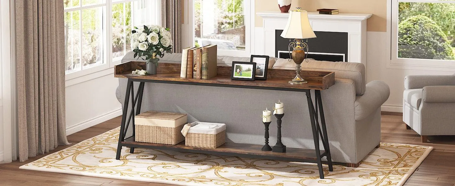 70.87" Rustic Industrial Console Table, Brown and Black, for Living Room or Entryway