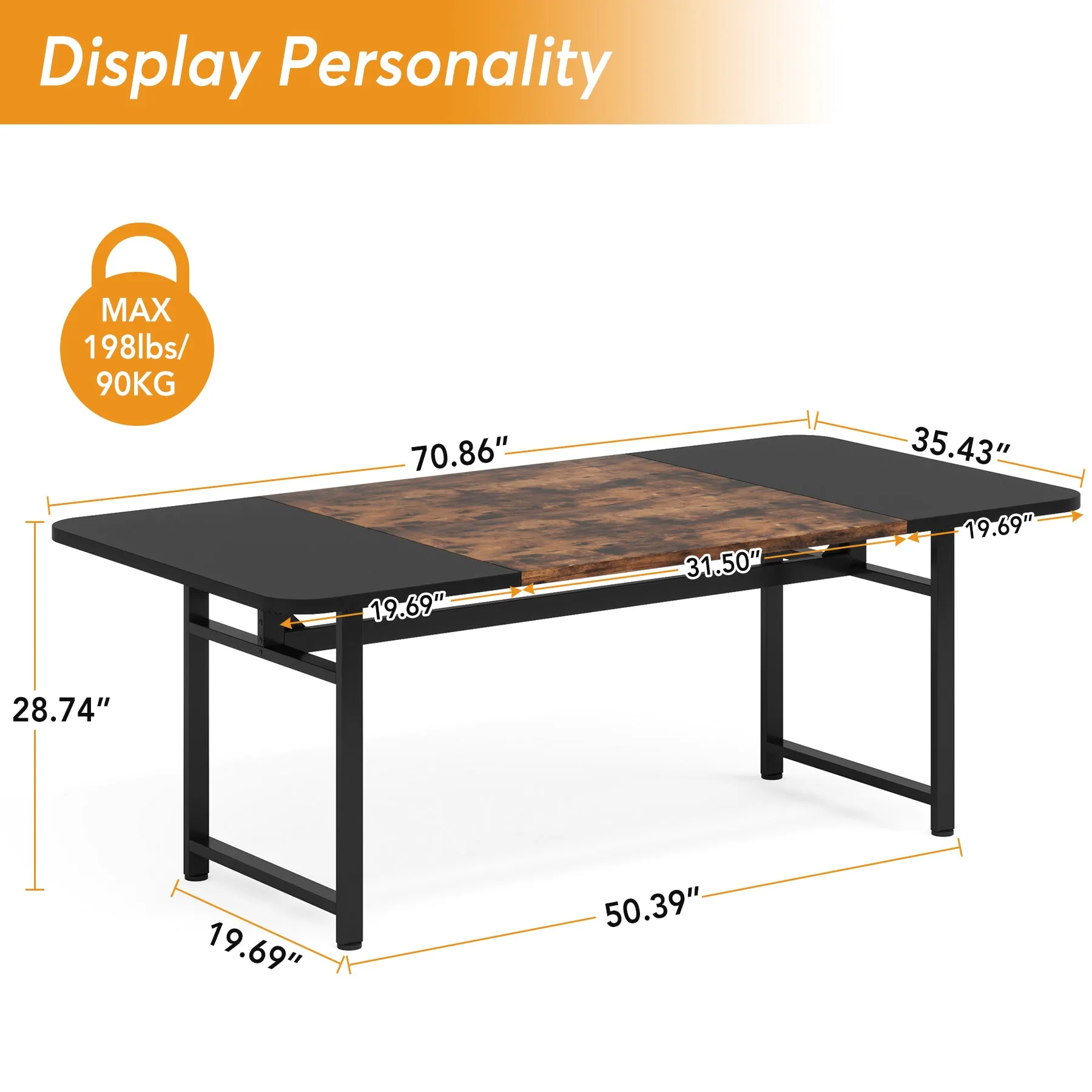 70.8" Dining Table, Industrial Rectangle Kitchen Table for 6-8 People