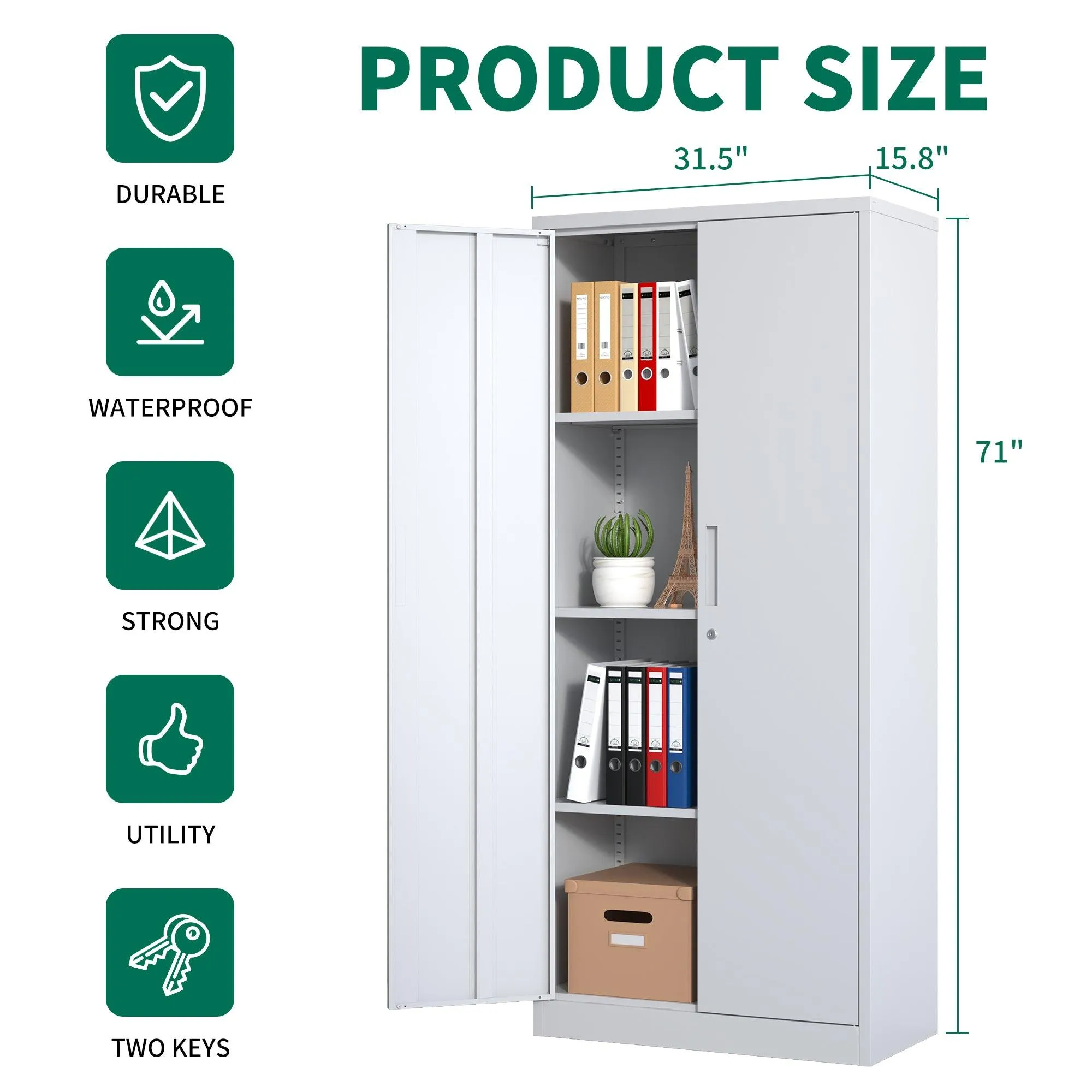 71"H Metal Garage Storage Cabinet, White, Locking with 3 Adjustable Shelves