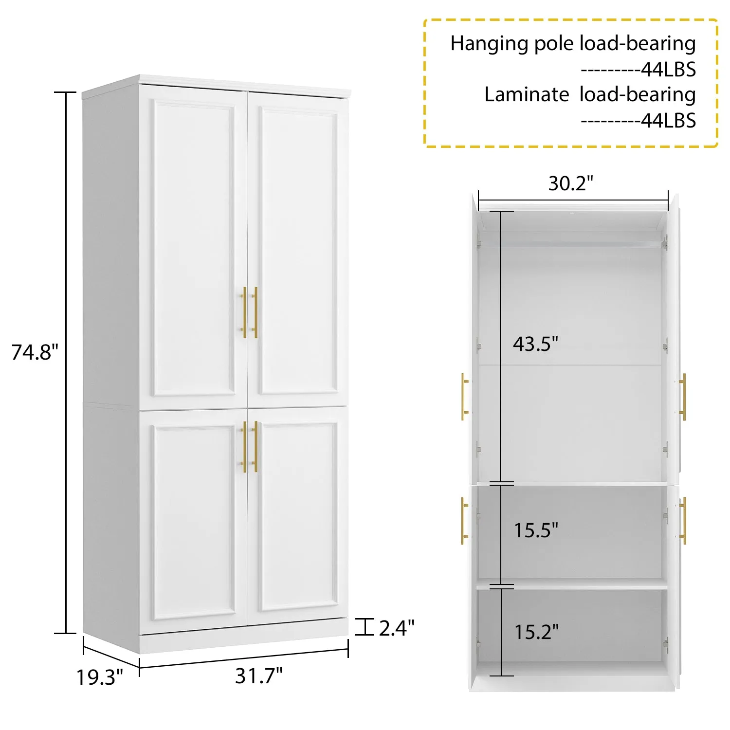 74.8" Large Modular Wardrobe with Glass Doors and Drawers