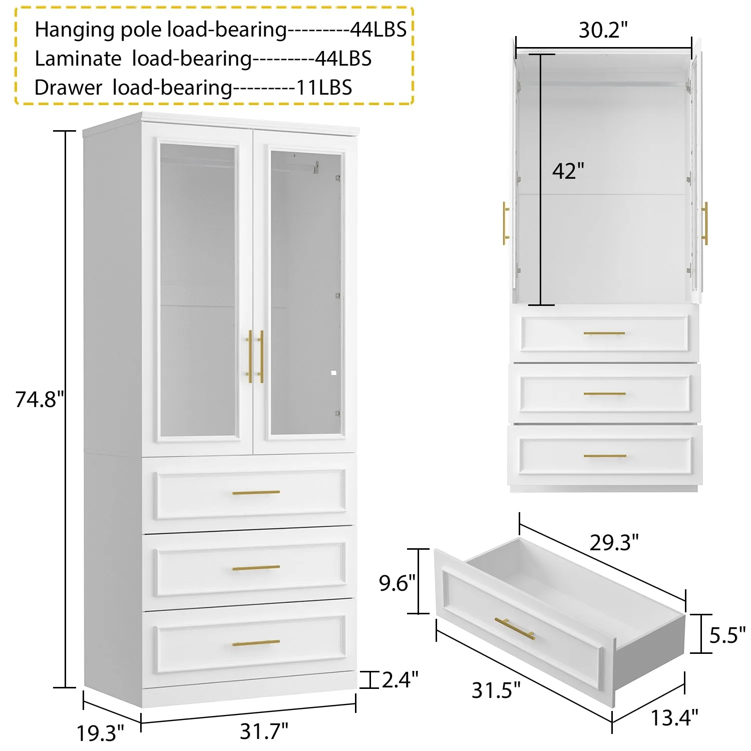 74.8" Large Modular Wardrobe with Glass Doors and Drawers