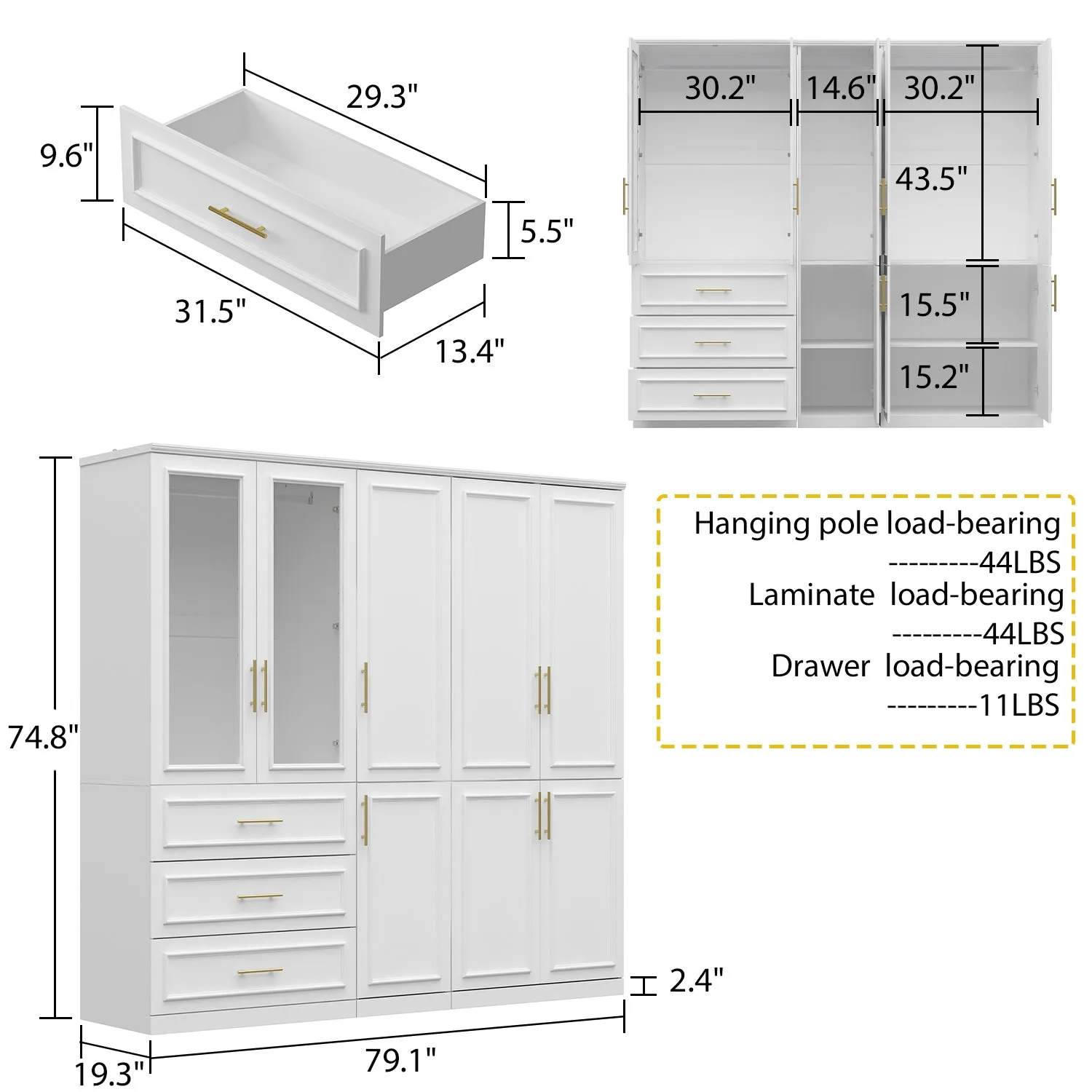 74.8" Large Modular Wardrobe with Glass Doors and Drawers