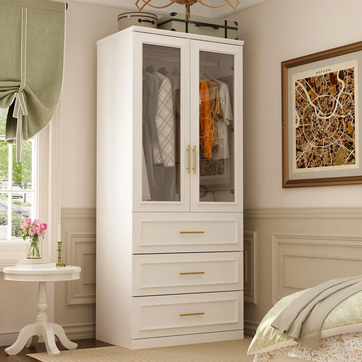 74.8" Large Modular Wardrobe with Glass Doors and Drawers