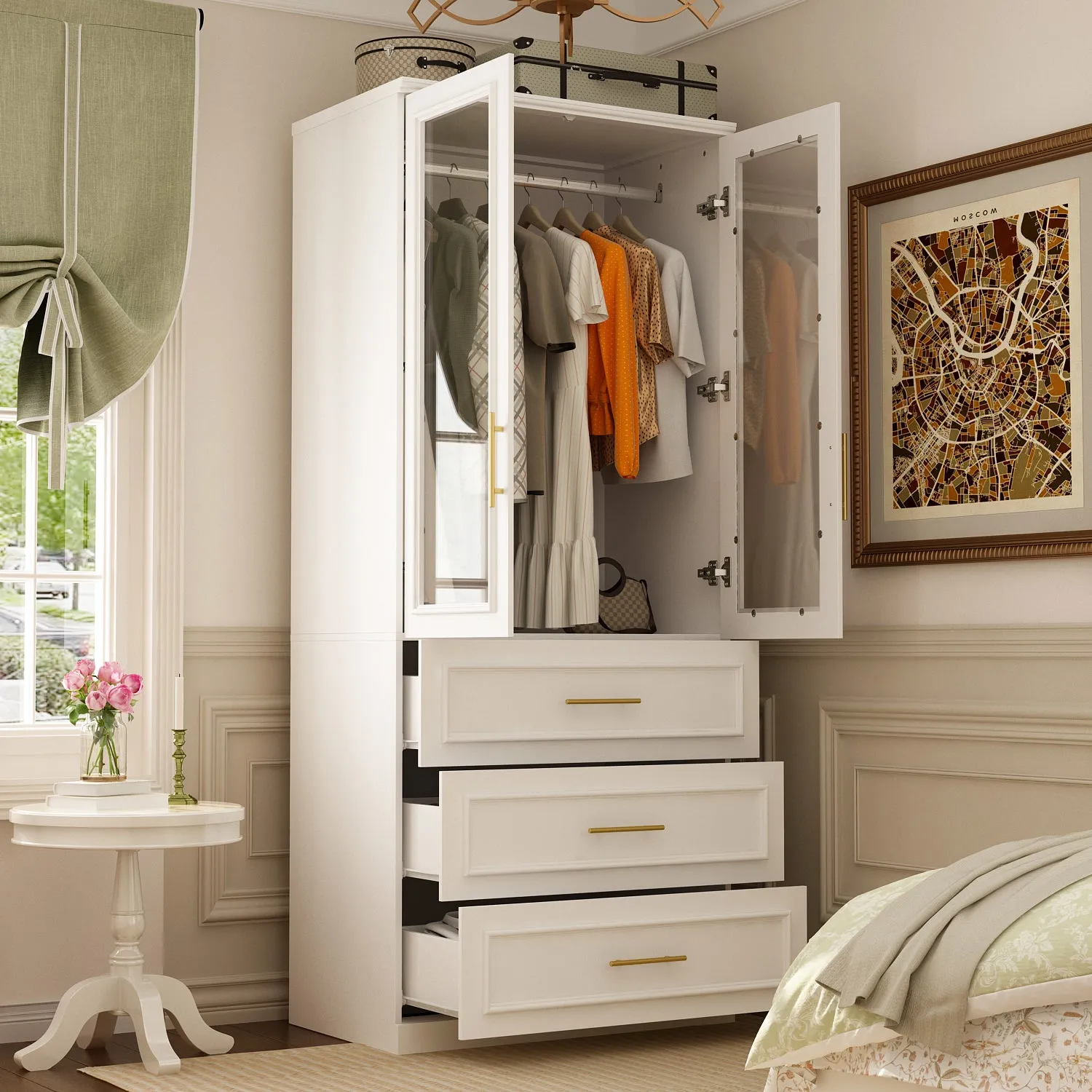 74.8" Large Modular Wardrobe with Glass Doors and Drawers