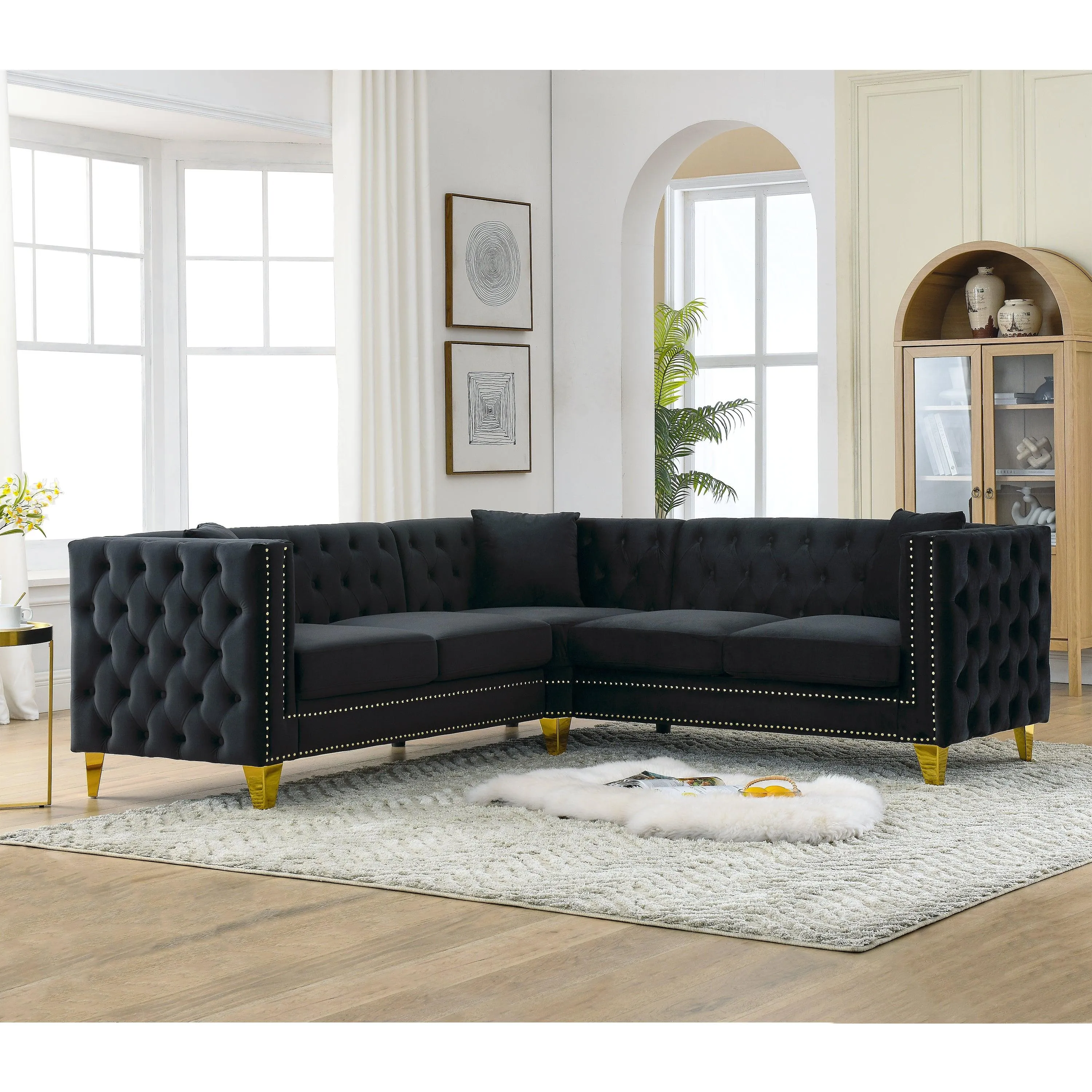 82.2" Velvet L-Shaped Corner Sofa, 5-Seater Sectional with 3 Cushions for Living Room or Office