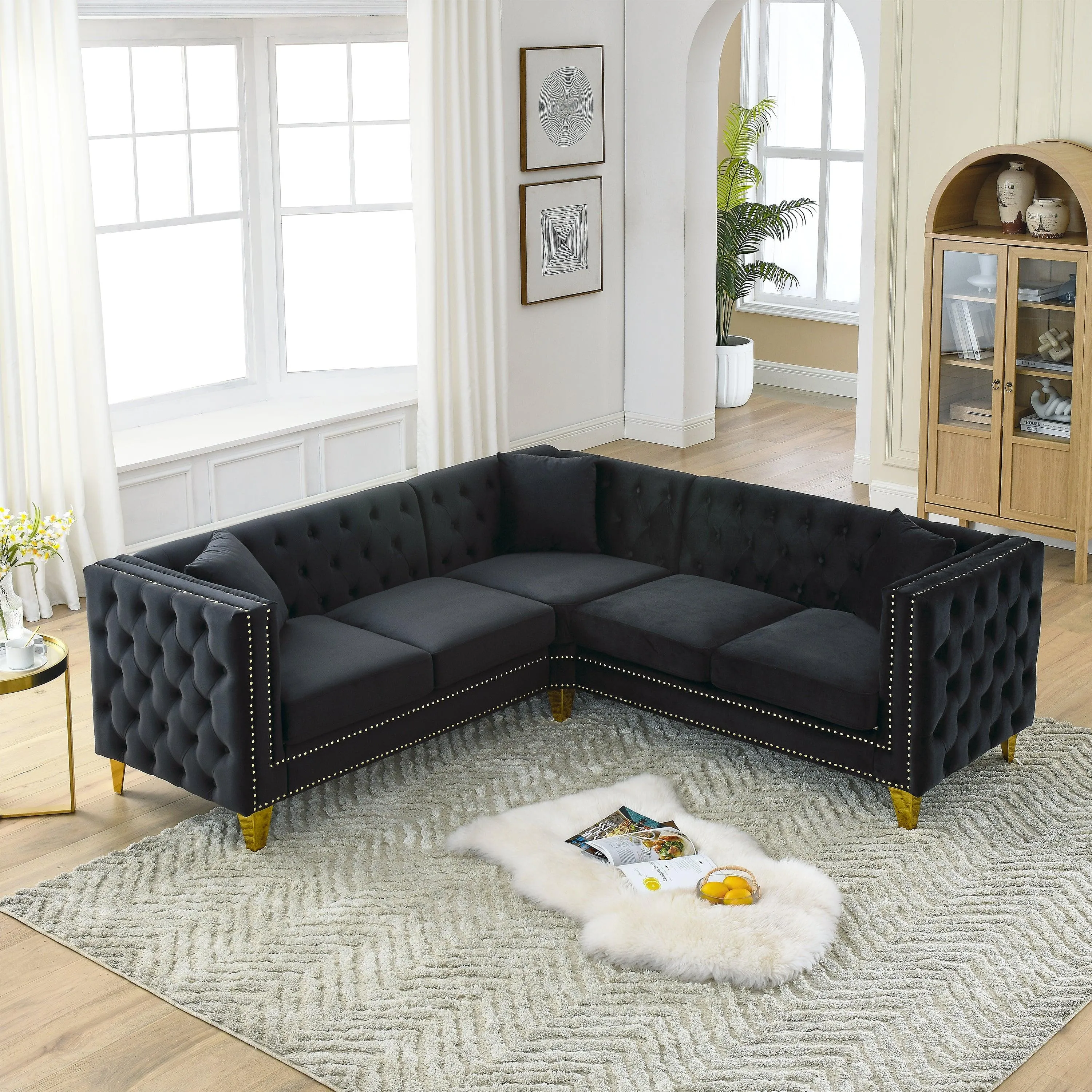 82.2" Velvet L-Shaped Corner Sofa, 5-Seater Sectional with 3 Cushions for Living Room or Office