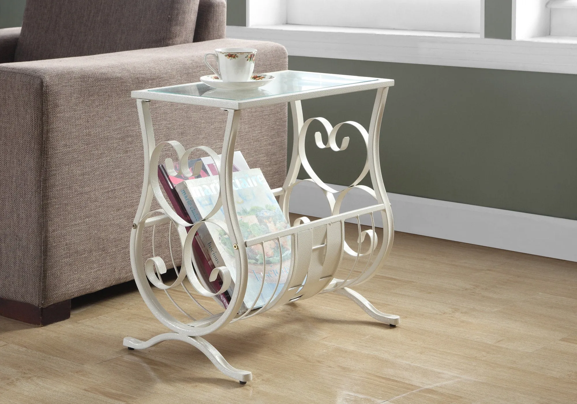 Accent Table - Antique White Metal With Tempered Glass