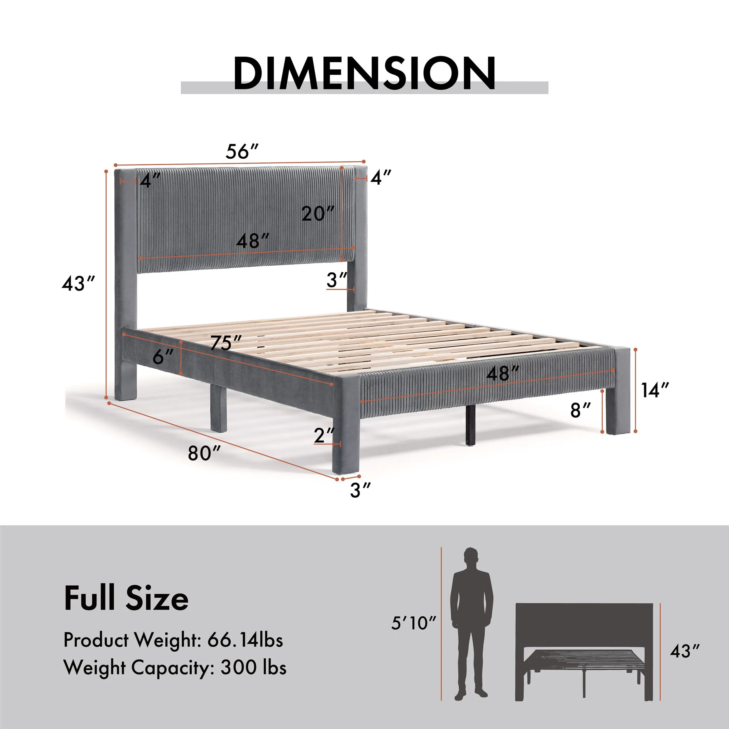 Alyssa Modern Velvet Upholstered Platform Bed with Channel Headboard and Wooden Slats