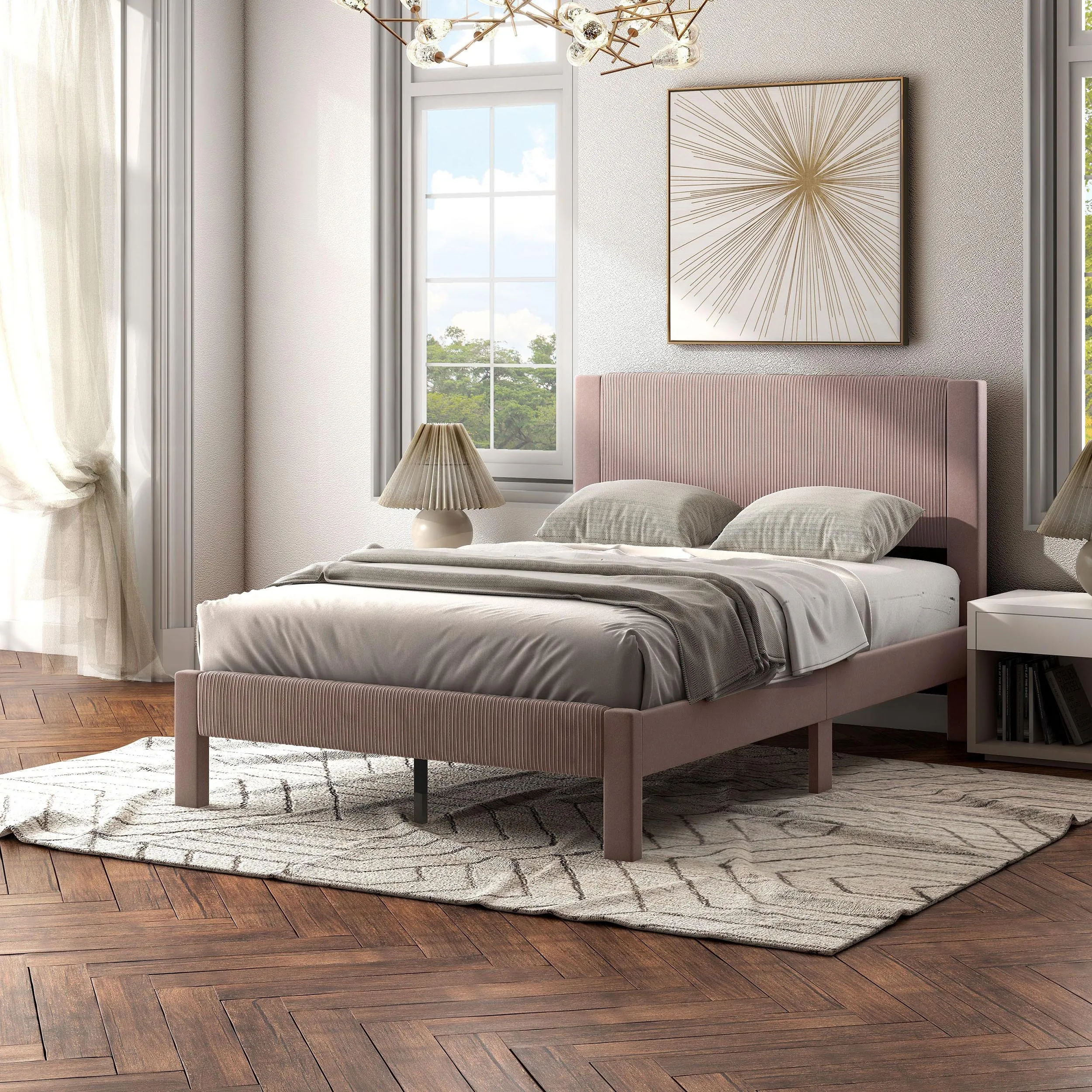 Alyssa Modern Velvet Upholstered Platform Bed with Channel Headboard and Wooden Slats