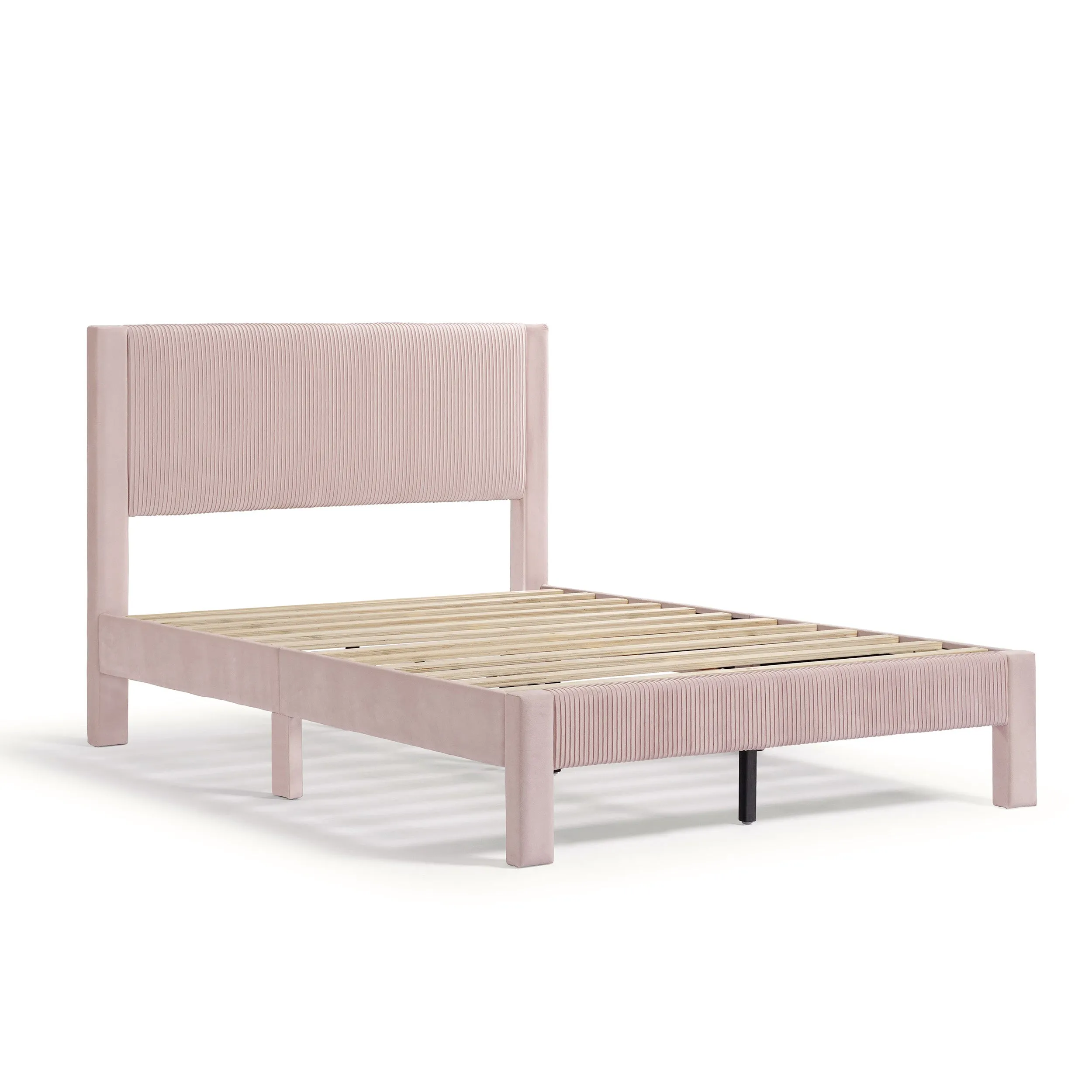 Alyssa Modern Velvet Upholstered Platform Bed with Channel Headboard and Wooden Slats