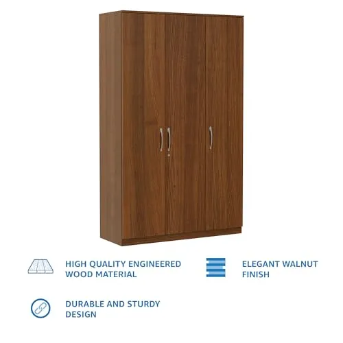 Amazon Brand - Solimo Medusa Engineered Wood 3 Door Wardrobe (Walnut Finish)