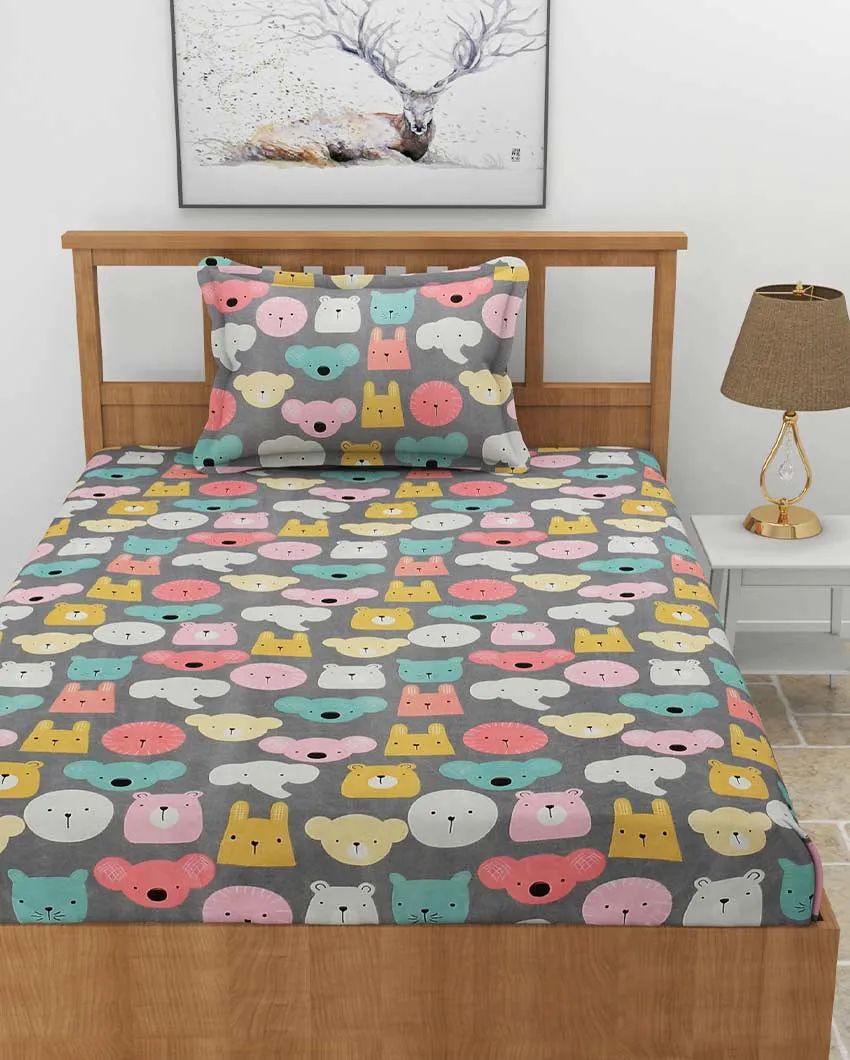 Animal Faces Printed Grey Glace Cotton Elastic Fitted Single Bedsheet with One Pillow Cover | 72 x 36 x 8 inches