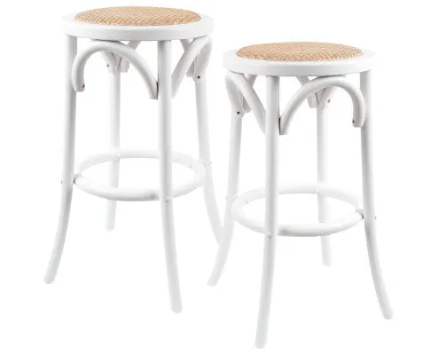 Aster 2pc Round Bar Stools Dining Stool Chair Solid Birch Wood Rattan Seat White