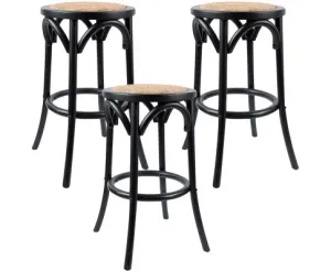 Aster 3pc Round Bar Stools Dining Stool Chair Solid Birch Wood Rattan Seat Black