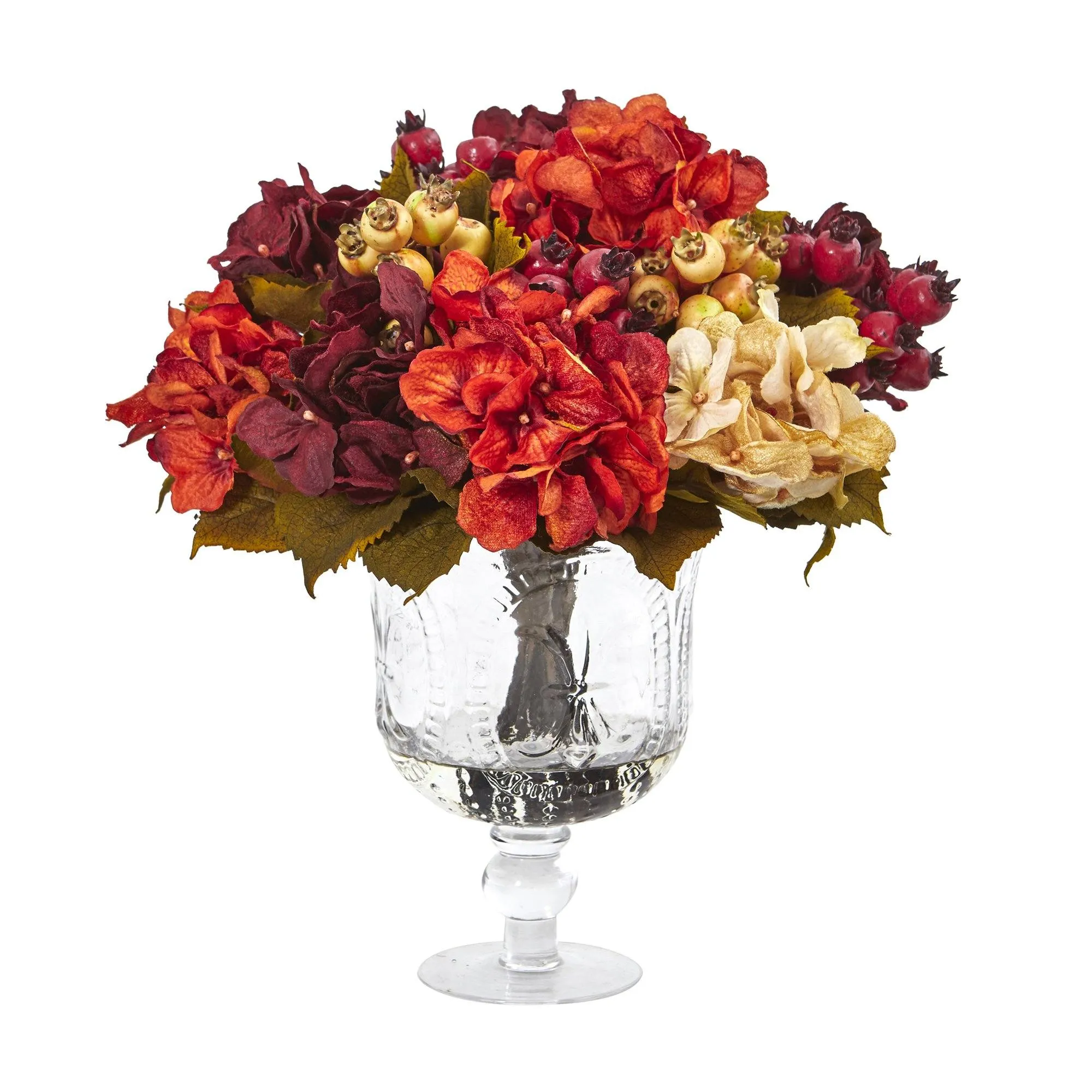 Autumn Hydrangea Berry Artificial Arrangement in Glass Urn