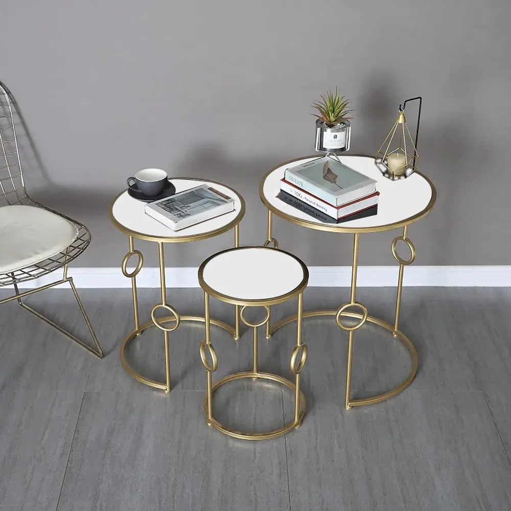 Brown Art SHOPPEE Set of 3 Modern End Table Coffee Table Living Room Bedroom Sofa Corner, Modern Minimalist Small Round Table Nesting Table (Gold & White)