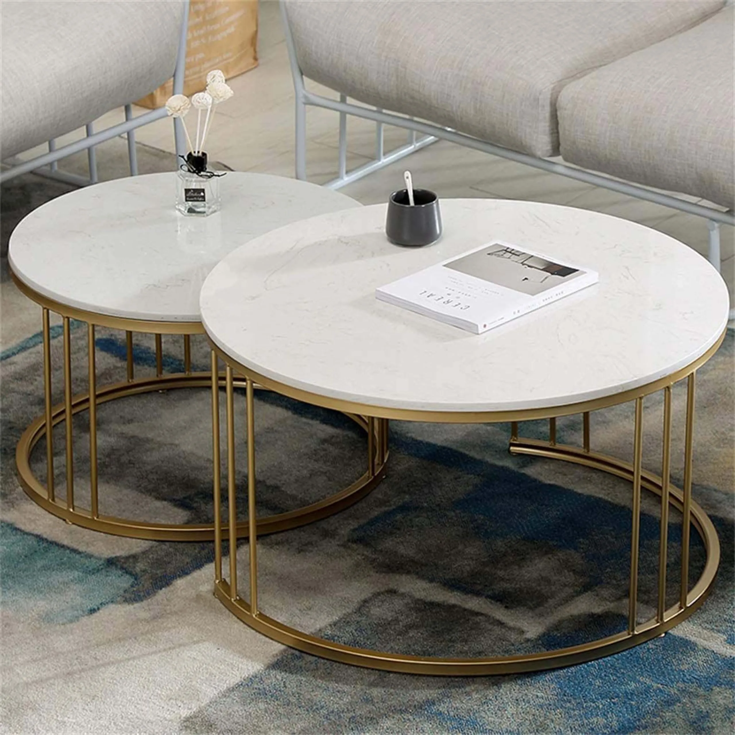 BULKWOOD Coffee Tables for Living Room, 2-Piece Space-Saving Set with Gold and White Tops - Perfect for Small Spaces, Easy Assembly and Easy to Clean (Gold White)