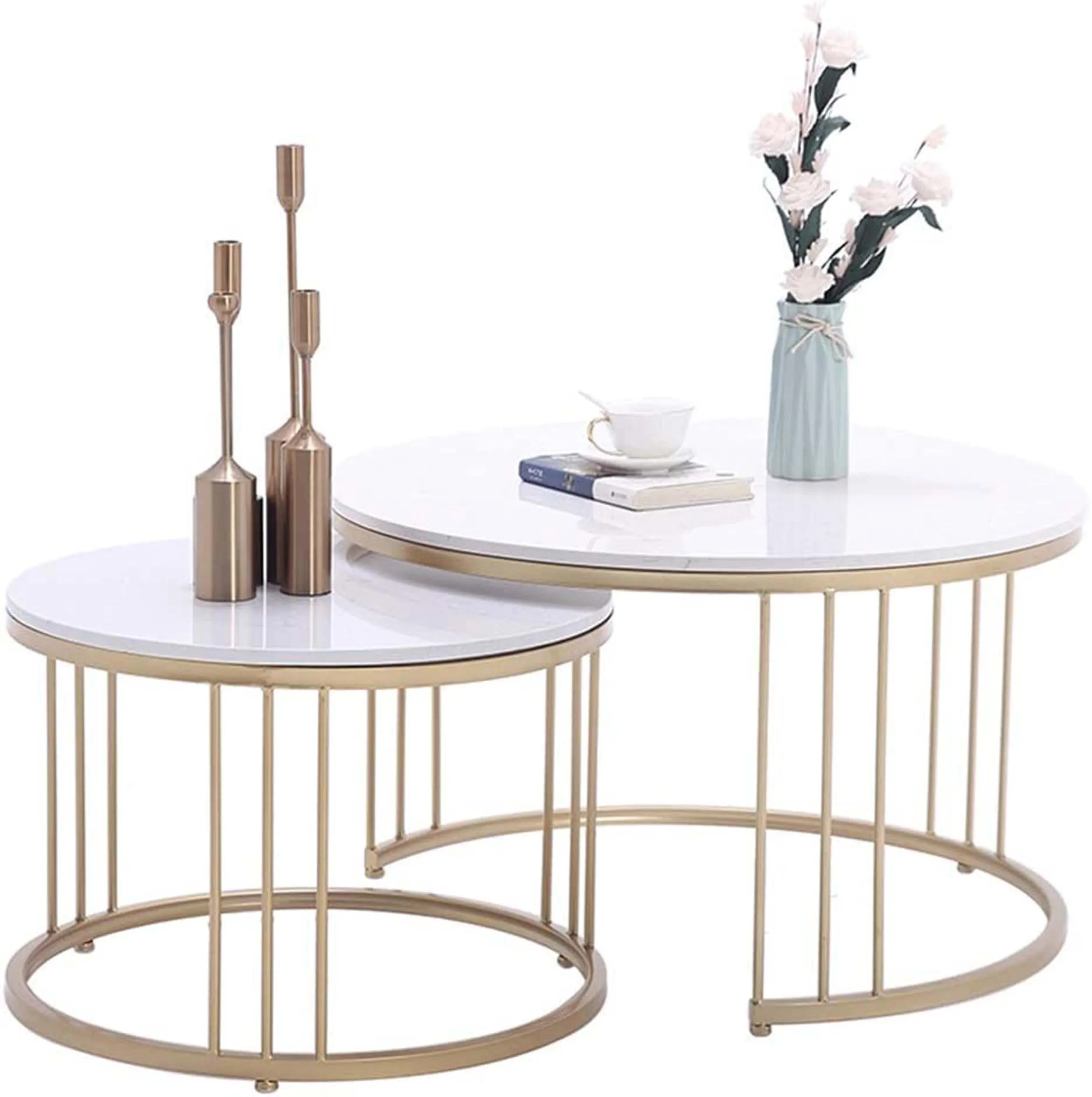 BULKWOOD Coffee Tables for Living Room, 2-Piece Space-Saving Set with Gold and White Tops - Perfect for Small Spaces, Easy Assembly and Easy to Clean (Gold White)