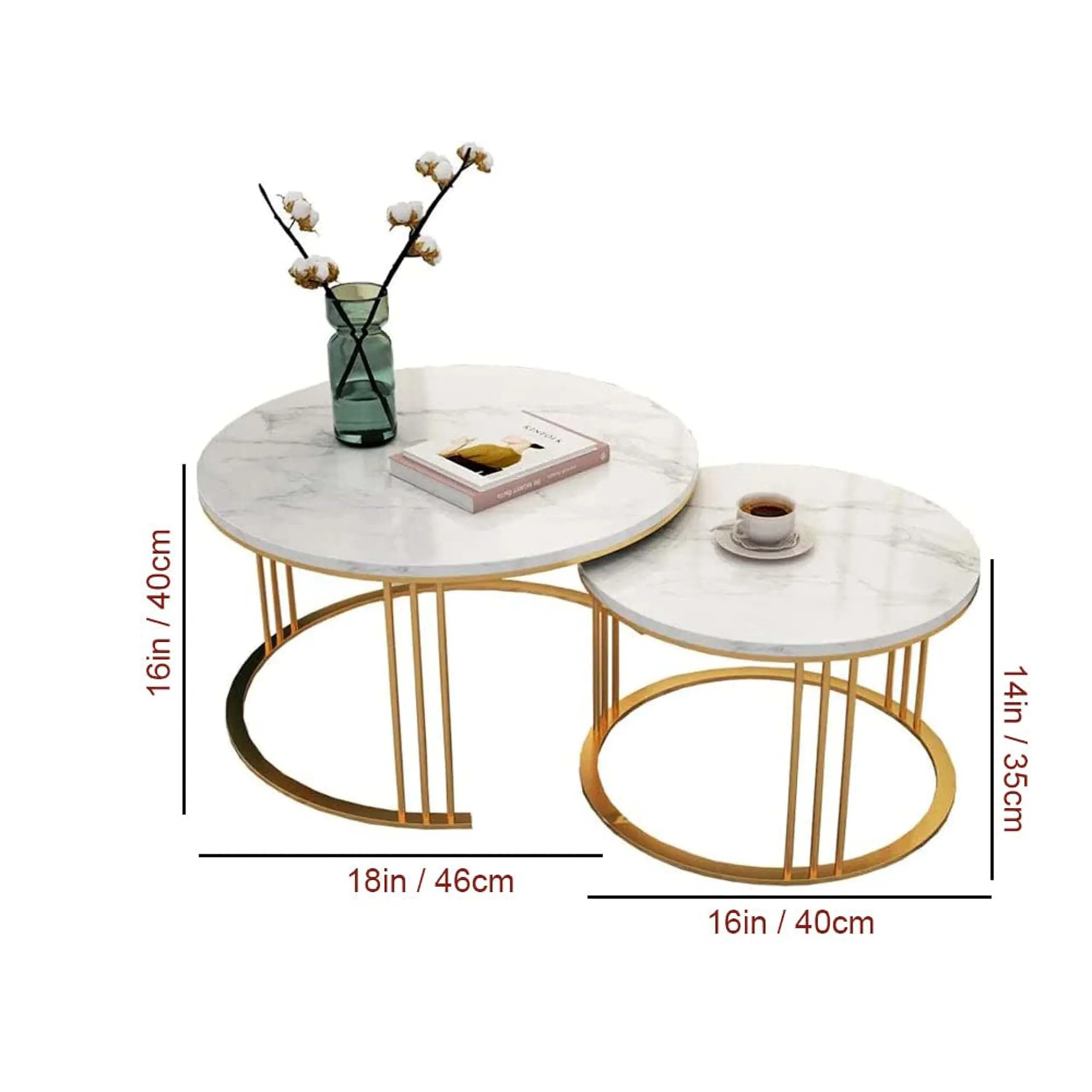 BULKWOOD Coffee Tables for Living Room, 2-Piece Space-Saving Set with Gold and White Tops - Perfect for Small Spaces, Easy Assembly and Easy to Clean (Gold White)