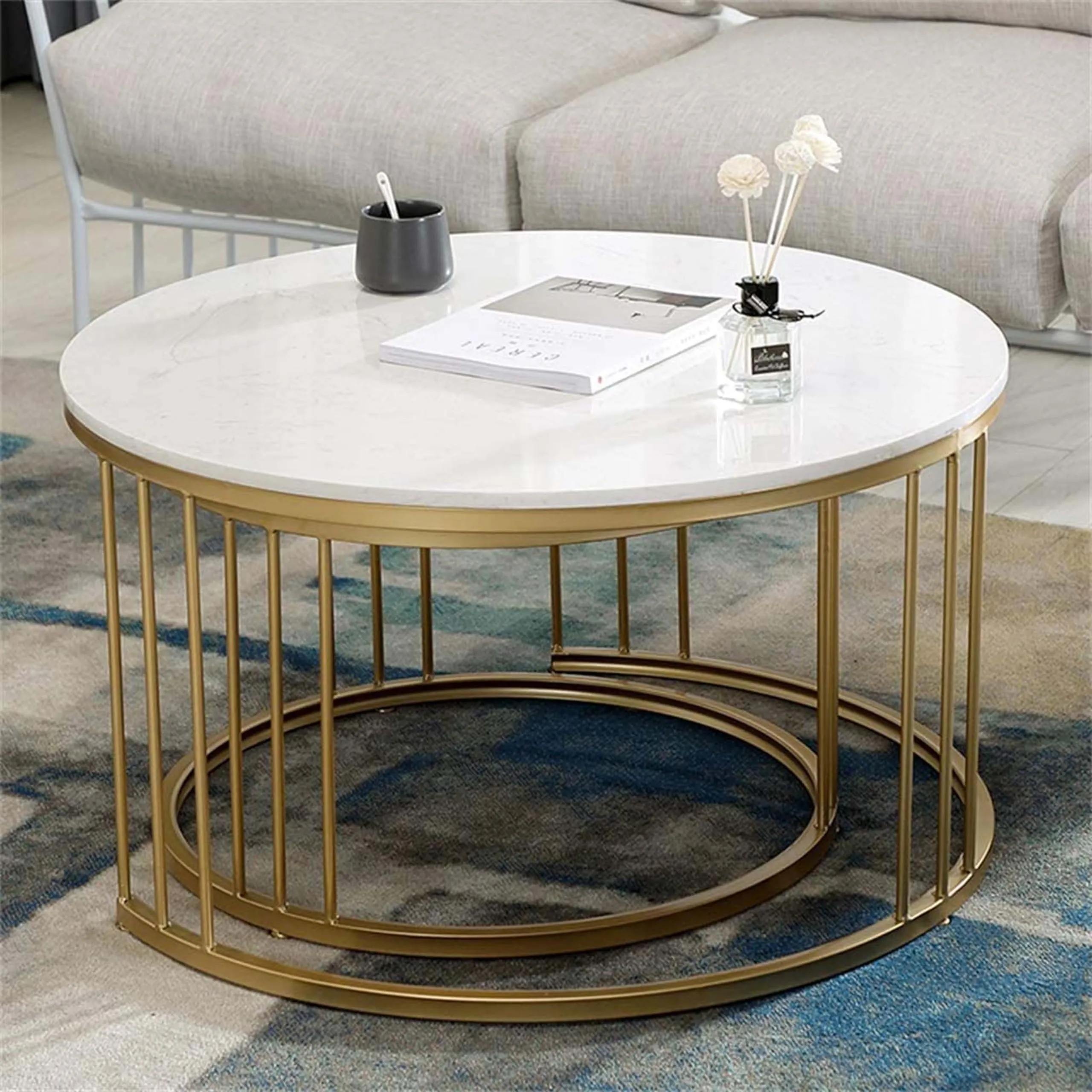 BULKWOOD Coffee Tables for Living Room, 2-Piece Space-Saving Set with Gold and White Tops - Perfect for Small Spaces, Easy Assembly and Easy to Clean (Gold White)