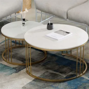 BULKWOOD Coffee Tables for Living Room, 2-Piece Space-Saving Set with Gold and White Tops - Perfect for Small Spaces, Easy Assembly and Easy to Clean (Gold White)