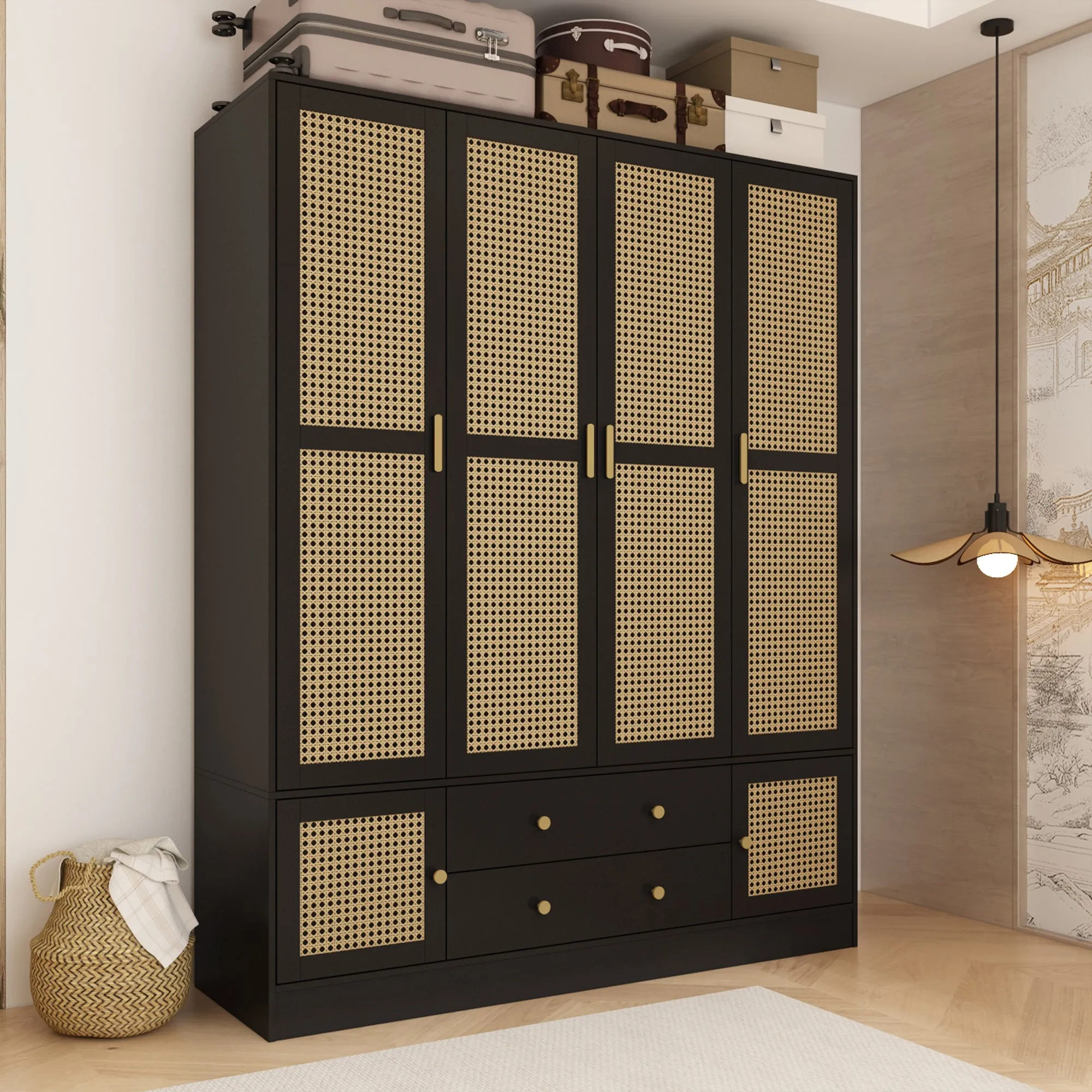 Elegant Wardrobe and Armoire with Rattan Accents