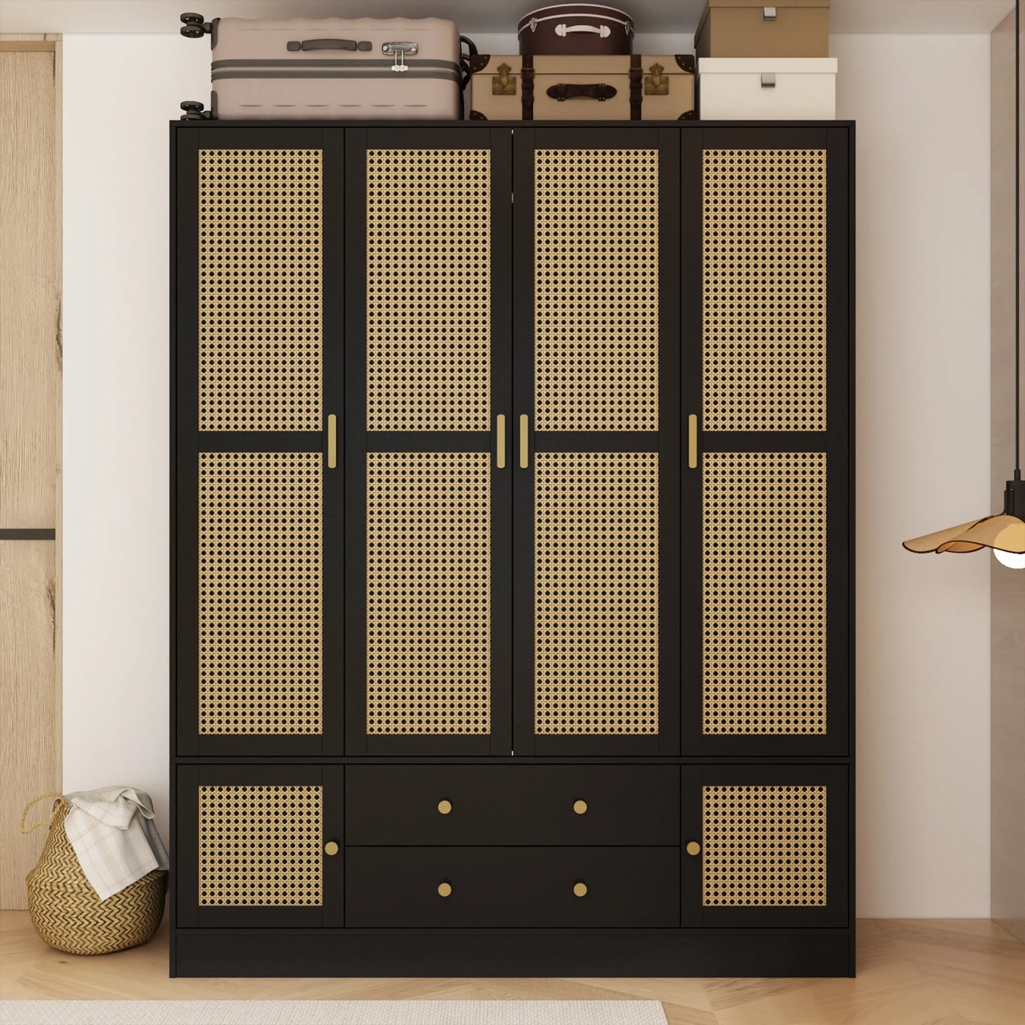 Elegant Wardrobe and Armoire with Rattan Accents