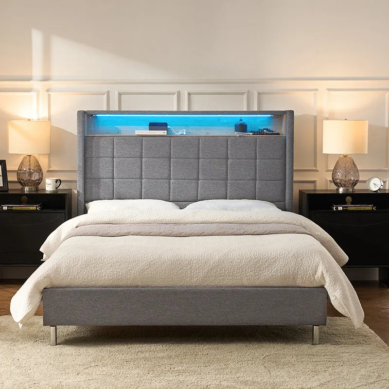 Elisa 61.5" Modern Adjustable RGB LED Headboard Bed with Built-in Storage