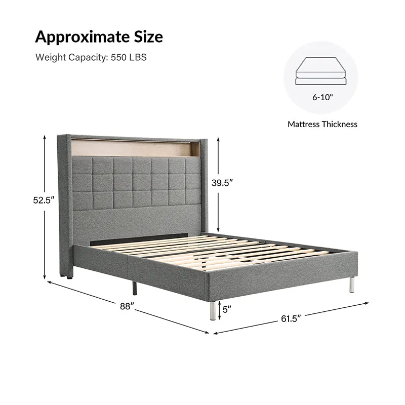 Elisa 61.5" Modern Adjustable RGB LED Headboard Bed with Built-in Storage