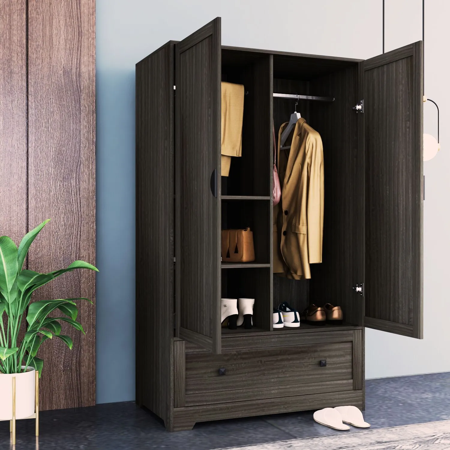 FCH Wooden Wardrobe with 2 Doors and 1 Drawer (Brown)