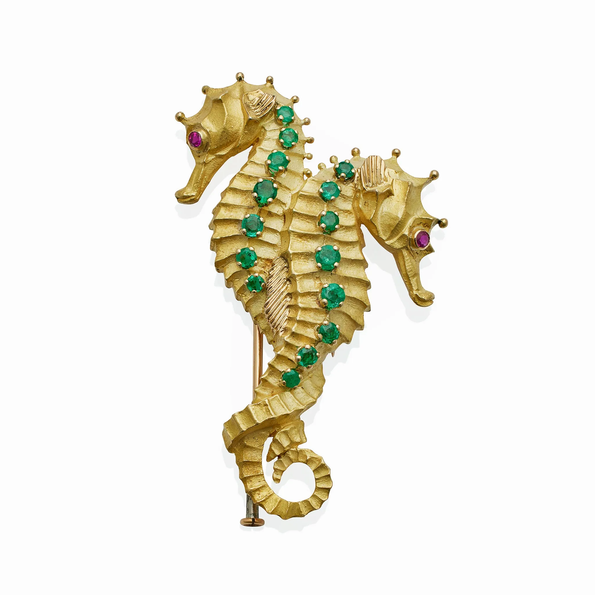 Georges Lenfant for Tiffany & Co. 18k Gold and Emerald Double Seahorse Brooch